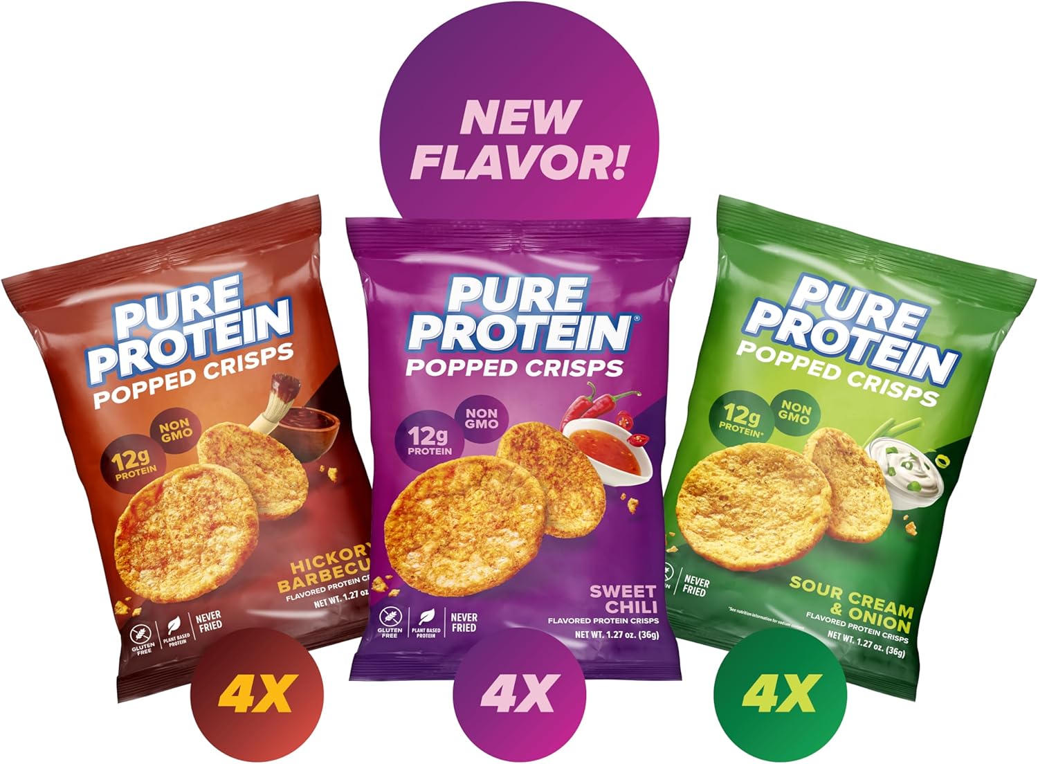 Pure Protein Popped Crisps Variety Pack, Sweet Chili, Hickory Barbecue, Sour Cream & Onion, Gluten Free, Non-GMO, High Protein Snack, 12g Protein, 12 Count