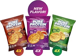 Pure Protein Popped Crisps Variety Pack, Sweet Chili, Hickory Barbecue, Sour Cream & Onion, Gluten Free, Non-GMO, High Protein Snack, 12g Protein, 12 Count