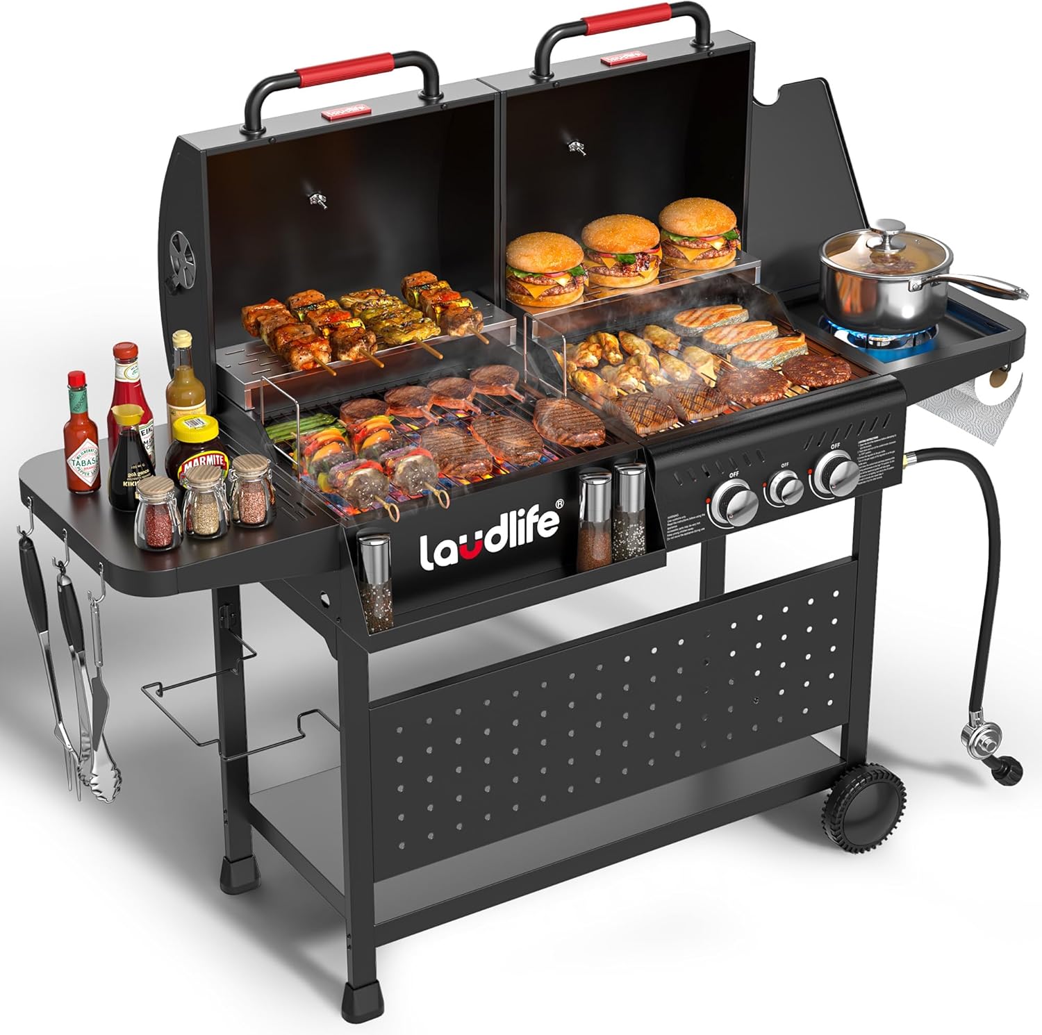 Charcoal Gas Grill Combo with Side Burner, 30,000 BTU Propane BBQ Grill, 748 SQ.IN Cooking Space, Non-Stick Porcelain Enamel Grates, Heavy-Duty Stand for Backyard Outdoor Barbecue