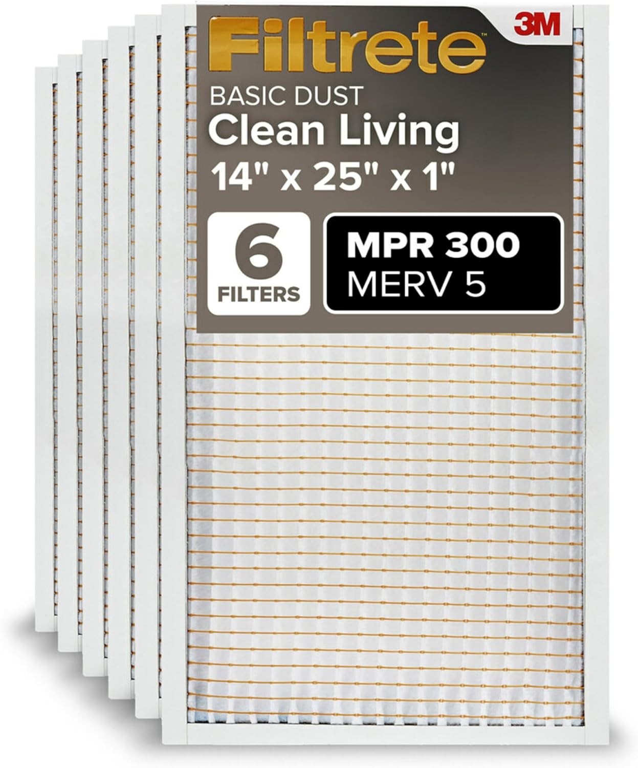 Filtrete 14x25x1 AC Furnace Air Filter, MERV 5, MPR 300, Capture Unwanted Particles, 3-Month Pleated 1-Inch Electrostatic Air Cleaning Filter, 6-Pack (Actual Size 13.81x24.81x0.81 in)