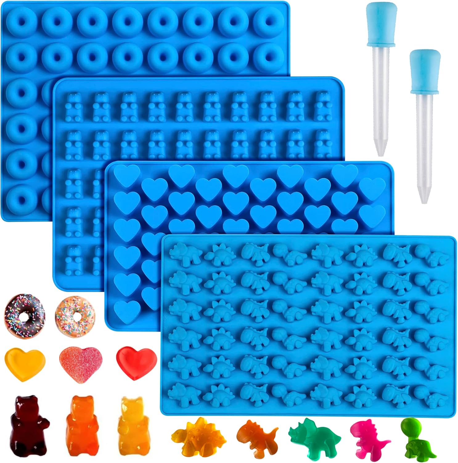 Sidosir 4Pcs Gummy Candy Molds, Gummy Bear Molds, Gummy Dinosaur Molds, Gummy Donut Molds and Gummy Hearts Molds, Non-stick Silicone Candy Molds with 2 Droppers (4Shapes)