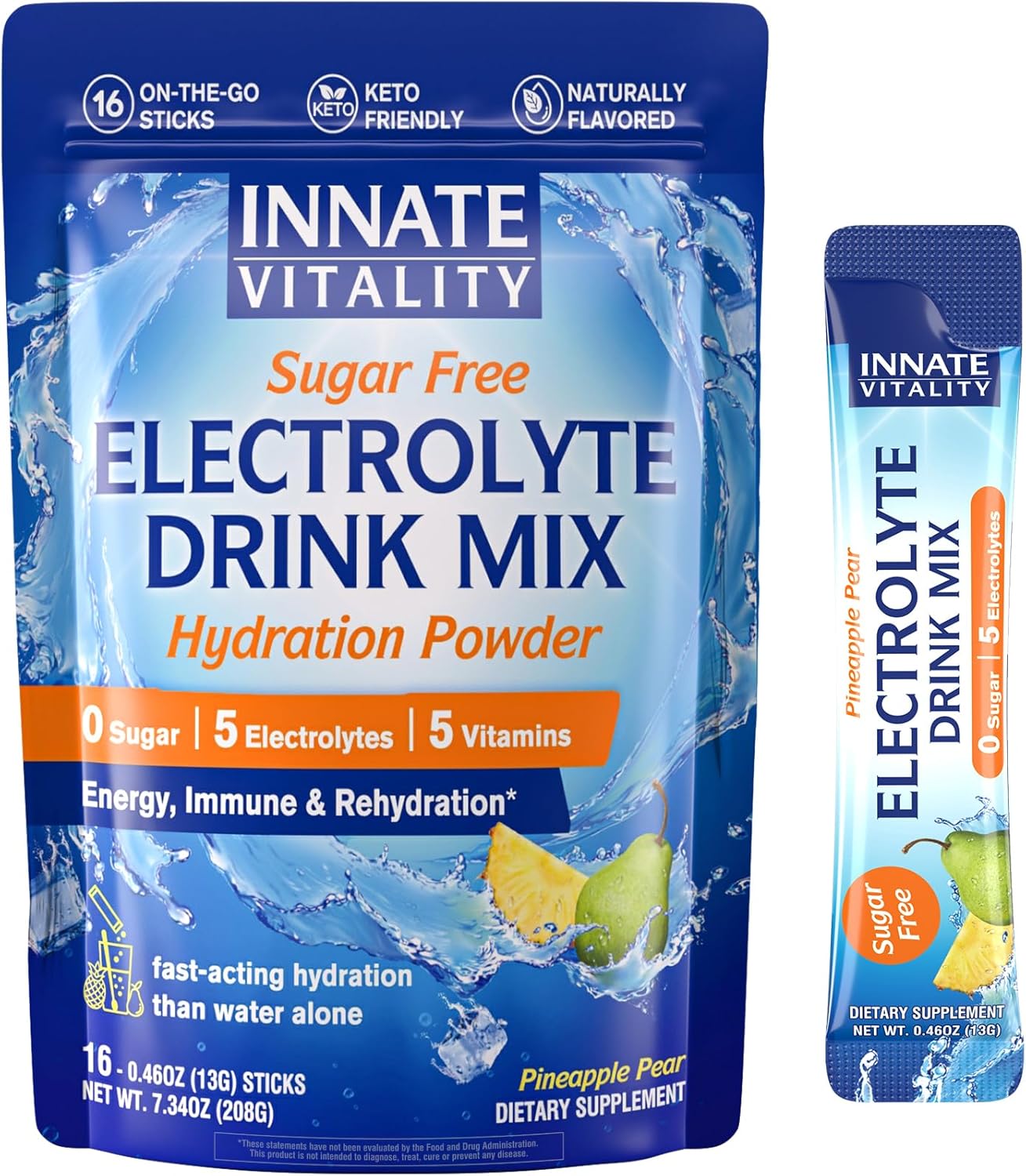 Innate Vitality Electrolytes Powder Packets, No Sugar, 5 Keto Electrolytes & Vitamins, Hydration Powder Packets, Easy to Dissolve, Natural Pineapple Pear Flavor, 16 Stickpacks