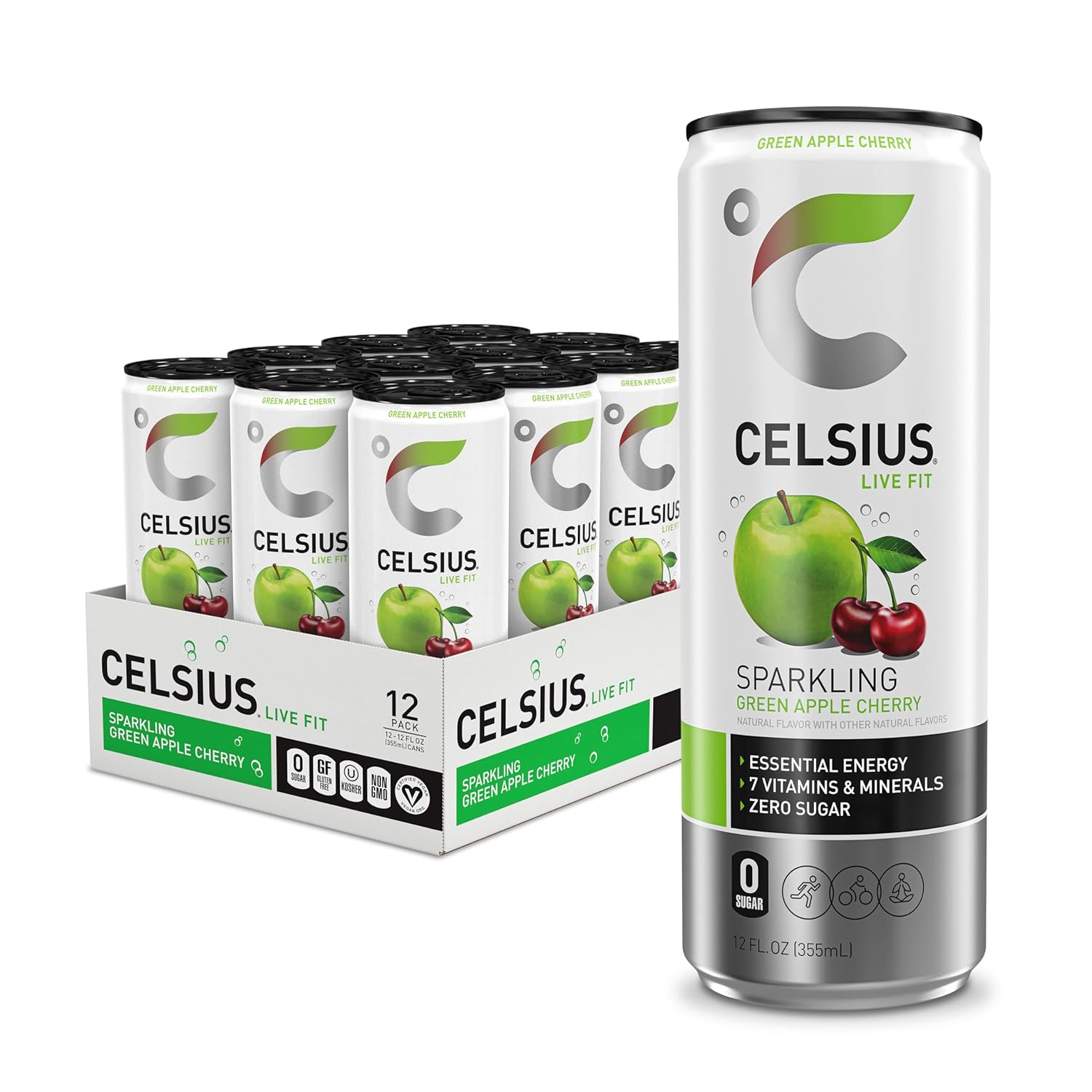 CELSIUS Sparkling Green Apple Cherry, Sugar Free Energy Drink, 12 Fl Oz (Pack of 12)