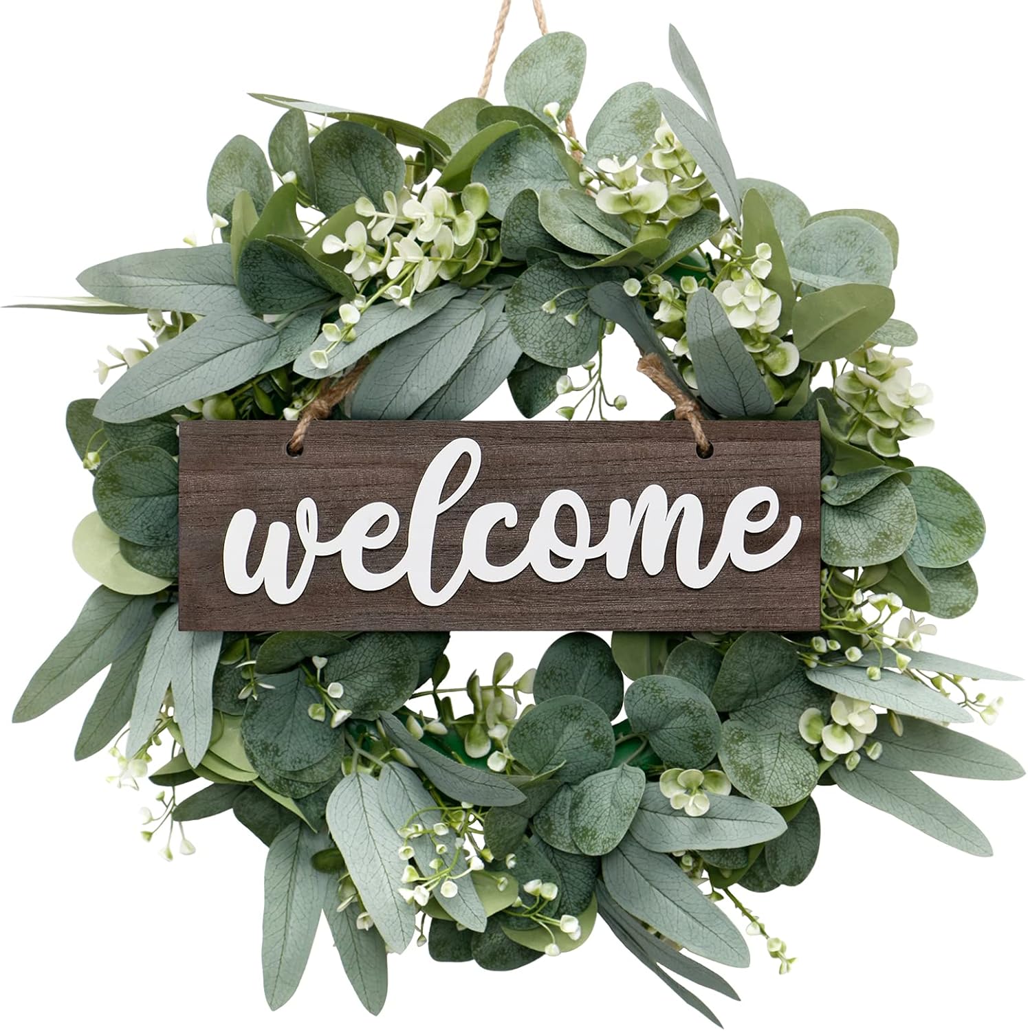 LOMOHOO Eucalyptus Leaves Wreath for Front Door-18inches Farmhouse Wreath with Welcome Sign Festival Ornaments Home Decor |Spring Summer Decorating for Home Window Outdoor Use
