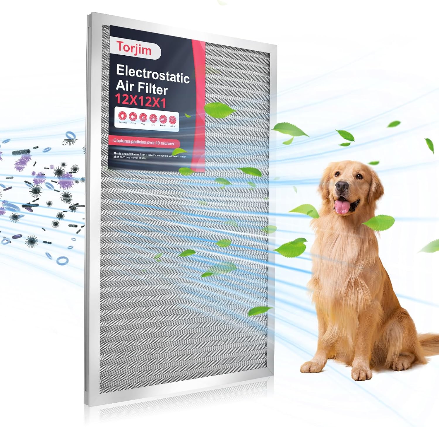 Torjim 12x12x1 Air Filter-MERV8, Washable & Reusable Electrostatic Air Filter, AC/HVAC Furnace Filter, Permanent Air Filter, Breathe Fresher, Easy Install