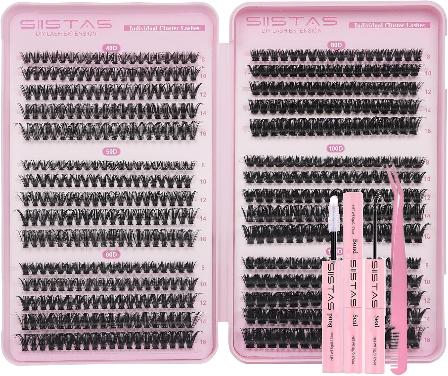 SIISTAS Individual Eyelashes Wispy Lash Clusters Kit 560PCS Natural Eyelashes 8-16mm D Curl Fluffy Lashes Kit with Russian Cluster Lashes Glue Bond and Seal and Lash Tweezers(40+50+60+80+100+120)
