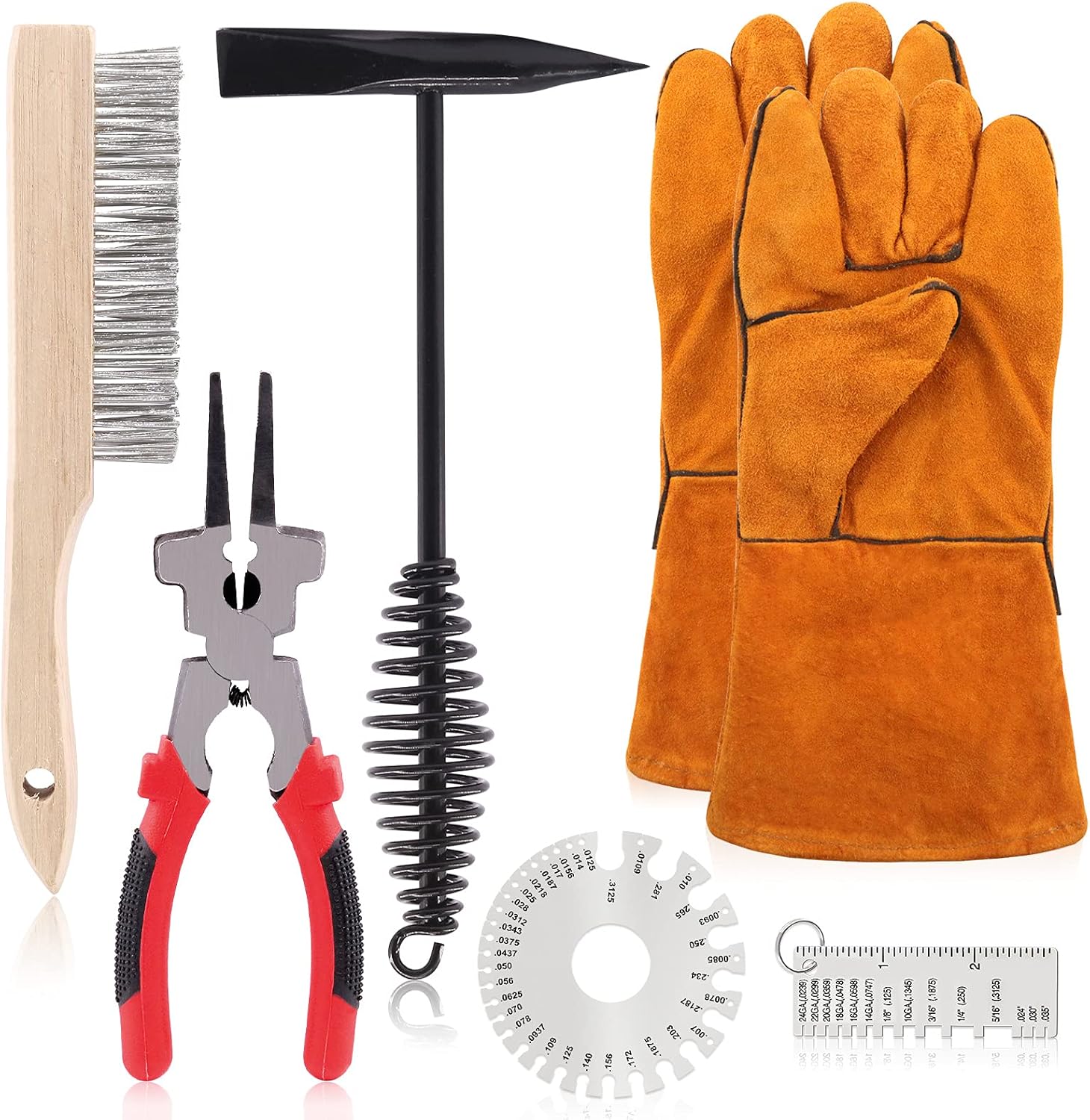 Swpeet 7Pcs 10 Inch Scratch Wire Brush Welding Hammers Slag Removal Tool with Metal Sheet Thickness Gauges, 8 Inch Welding Plier and 10 Inch Welding Chipping Hammer with Steel Coil Spring Handle