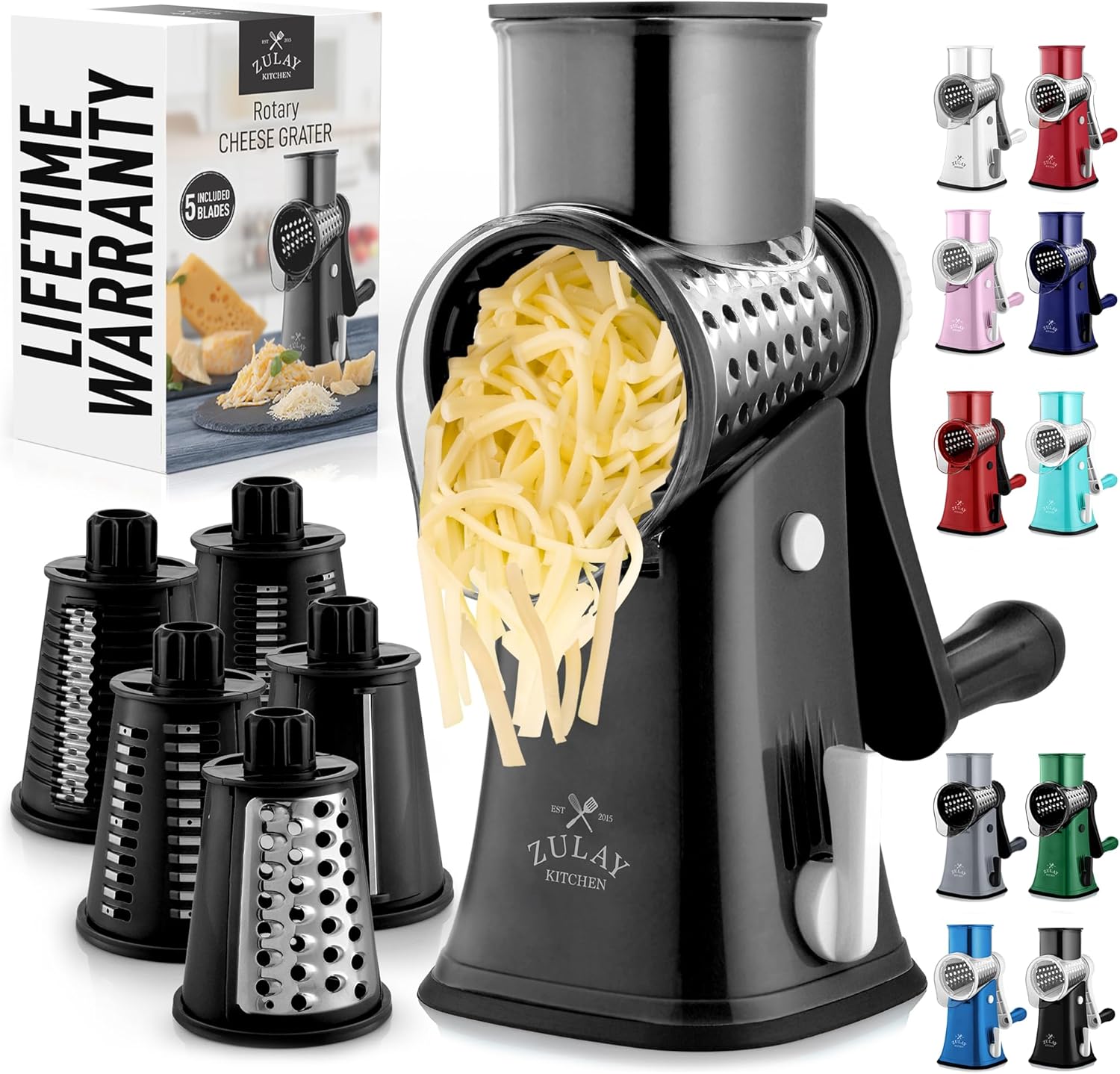Zulay Kitchen Rotary Cheese Grater 5 Blade Cheese Shredder - Manual Hand Crank Cheese Grater With Reinforced Suction & 5 Interchangeable Drums - Easy to Use, Vegetable Chopper Round Mandoline Slicer