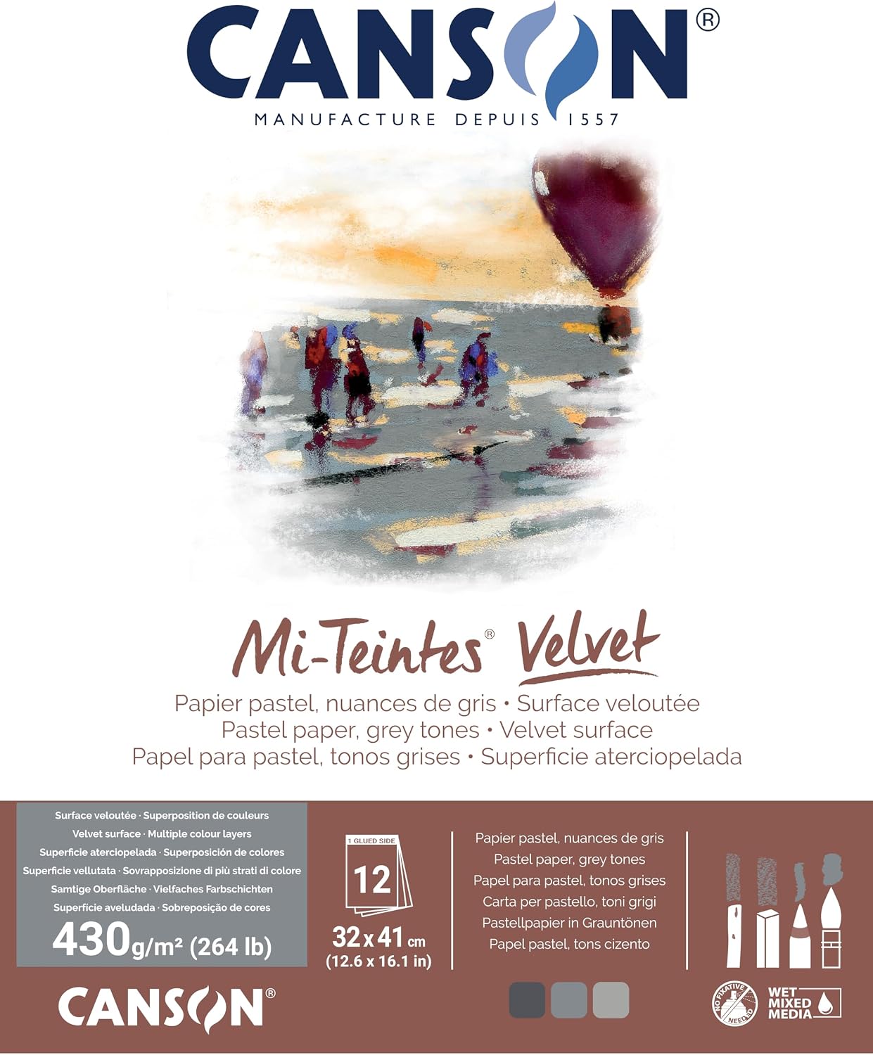 Canson Mi-Teintes Velvet Pastel Paper Pad, Grey Tones, 12.6x16.1 in