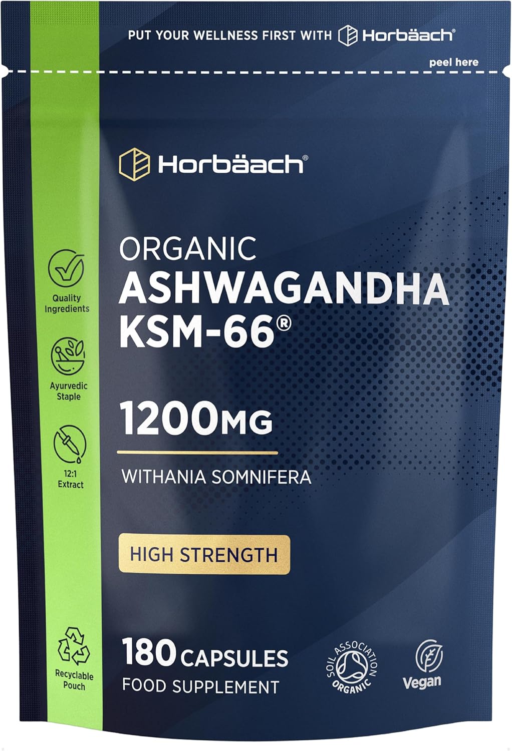 Organic Ashwagandha KSM-66® 1200mg with 5% Withanolides | Pure Ashwagandha Root Powder | High Strength | 180 Vegan Capsules (Not Tablets) | Supplement for Men & Women | by Horbaach