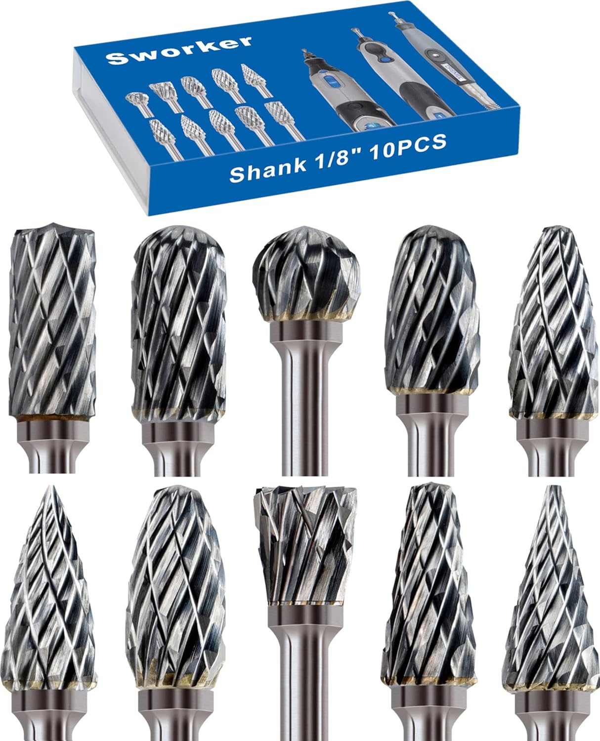 10 Pcs Carbide Burr Set 1/8" Shank Compatible with Dremel Milwaukee Bits Rotary Tools Attachment Kit Rasp Drill File Accessories Metal Wood Stone Steel Grinding Carving Cutting Polishing