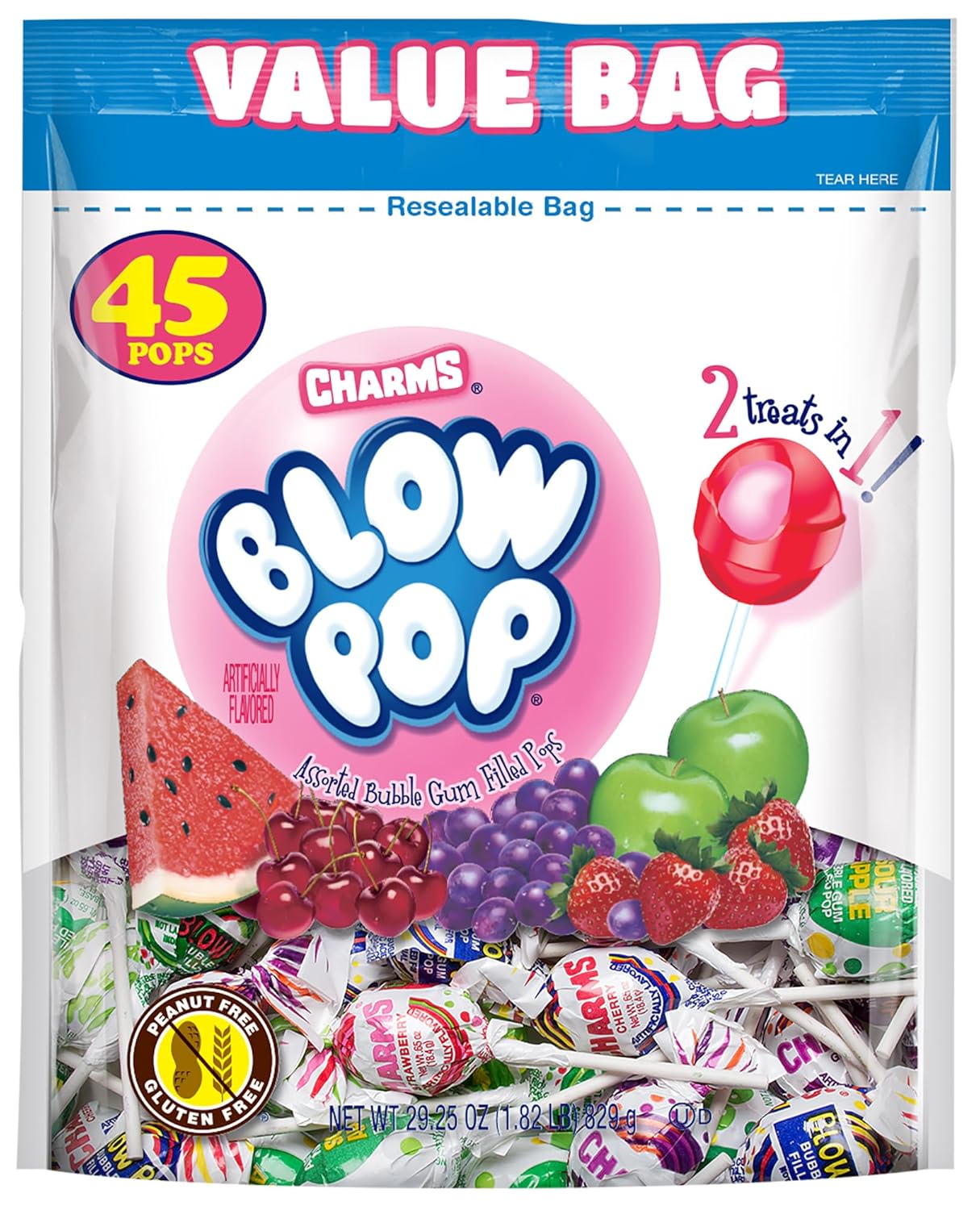 Charms Blow Pop Lollipops - Individually Wrapped Dual Candy and Gum Suckers - Peanut Free, Gluten Free - Bulk Treat for Kids and Adults - Assorted Flavors, 45 Count (29.25 oz.)
