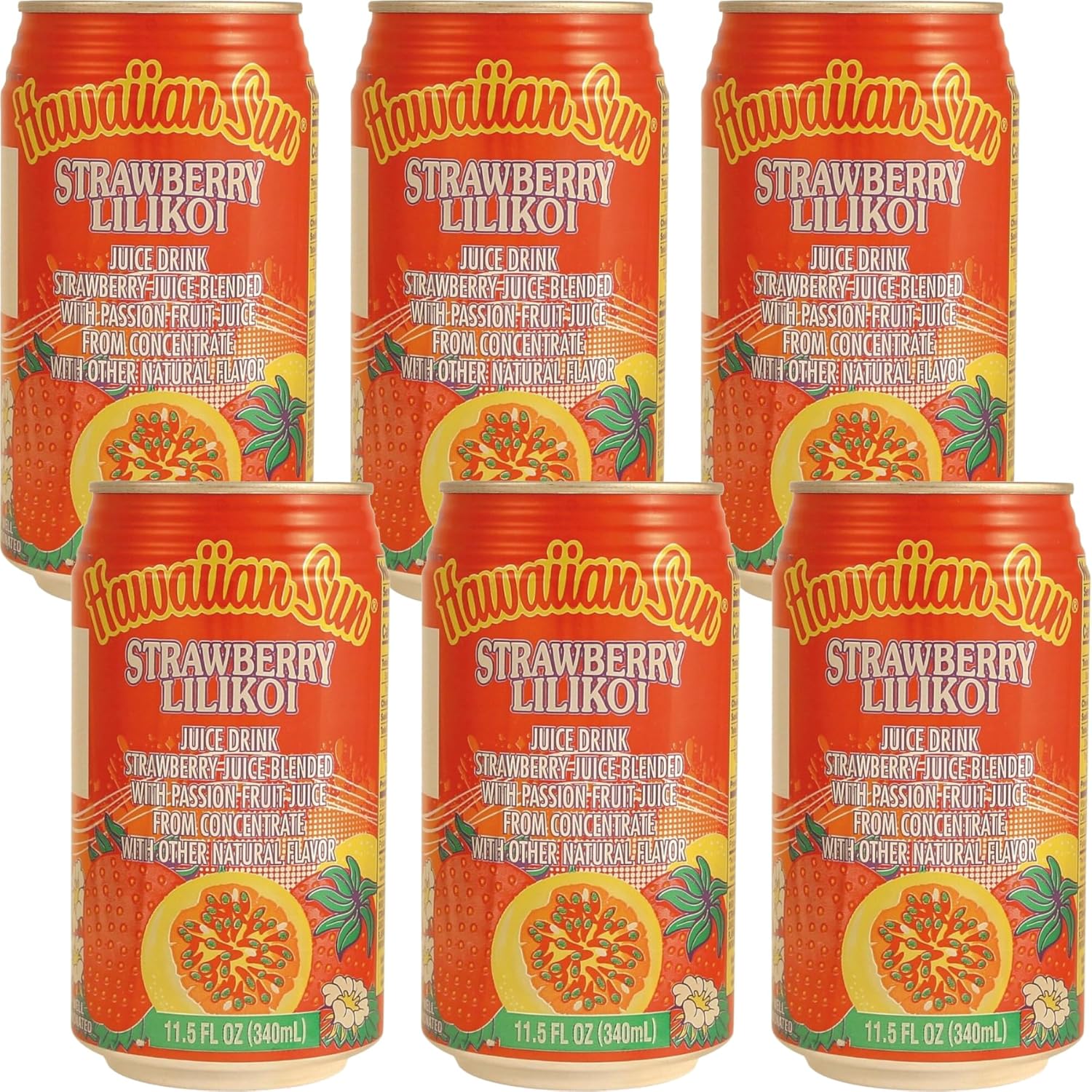 Hawaiian Sun Drinks - Strawberry Lilikoi (11.5floz x 6 cans) - Tropical Refreshing Juice