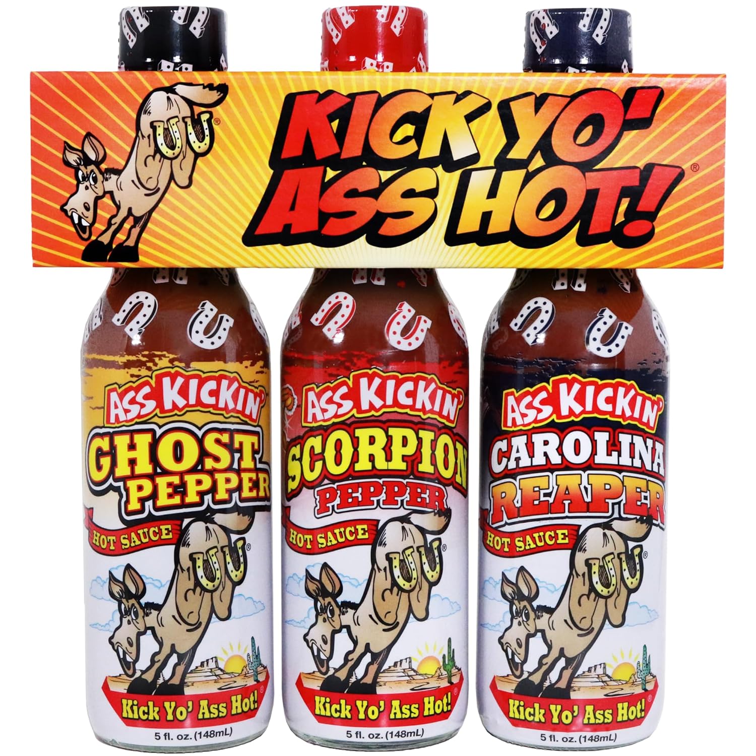 Kick Yo' As Hot Sauce Bottles Gift Set - Ghost Pepper, Scorpion and Carolina Reaper Hot Sauces - Try if you dare! – Perfect Stocking Stuffers or Christmas Gifts for the Hot Sauce Fan