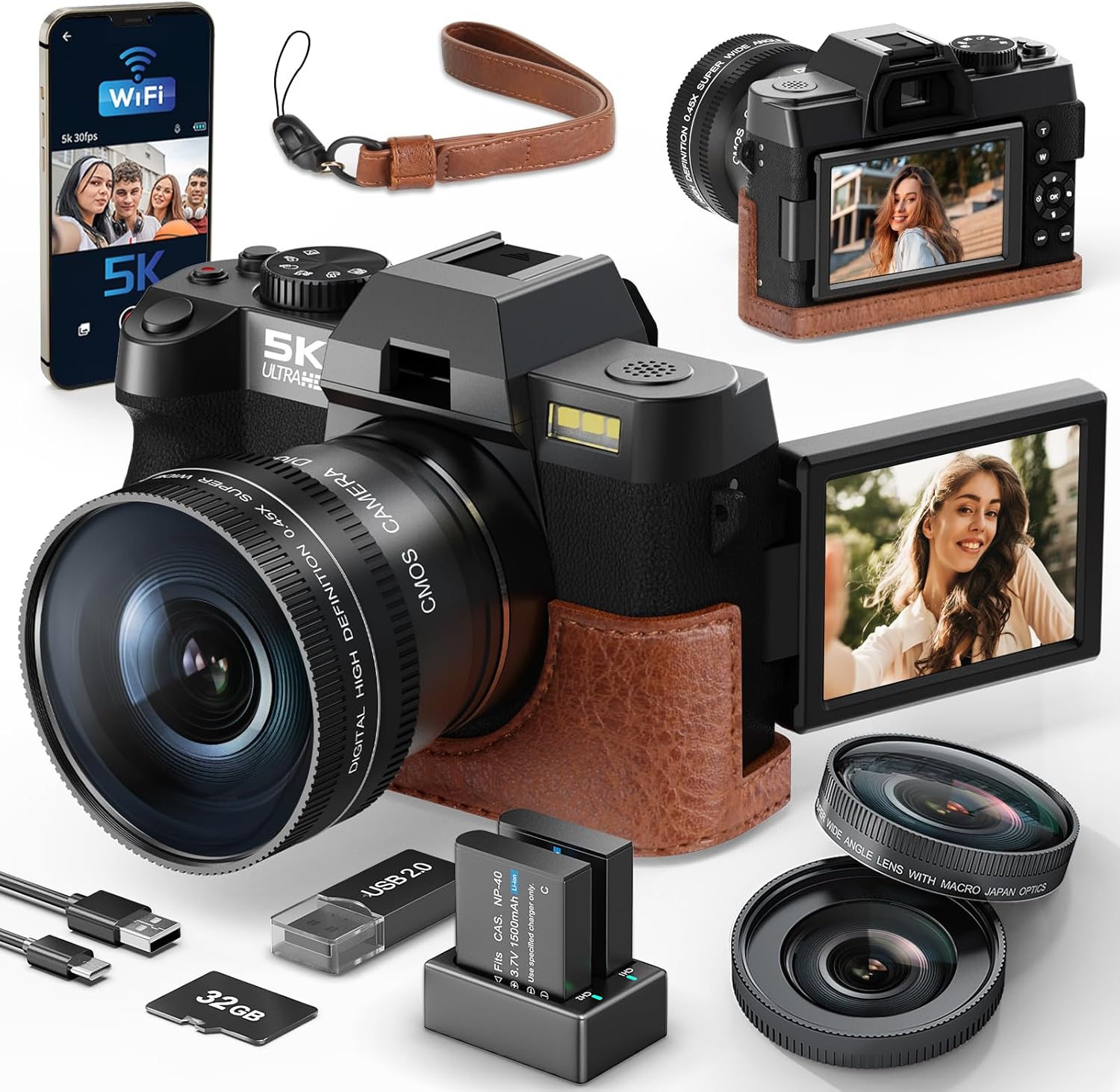 Monitech 48MP Digital Camera for Photography 16x Digital Zoom 5K Video Camera for Photography vlogging camera for Youtube with SD Card 32GB
