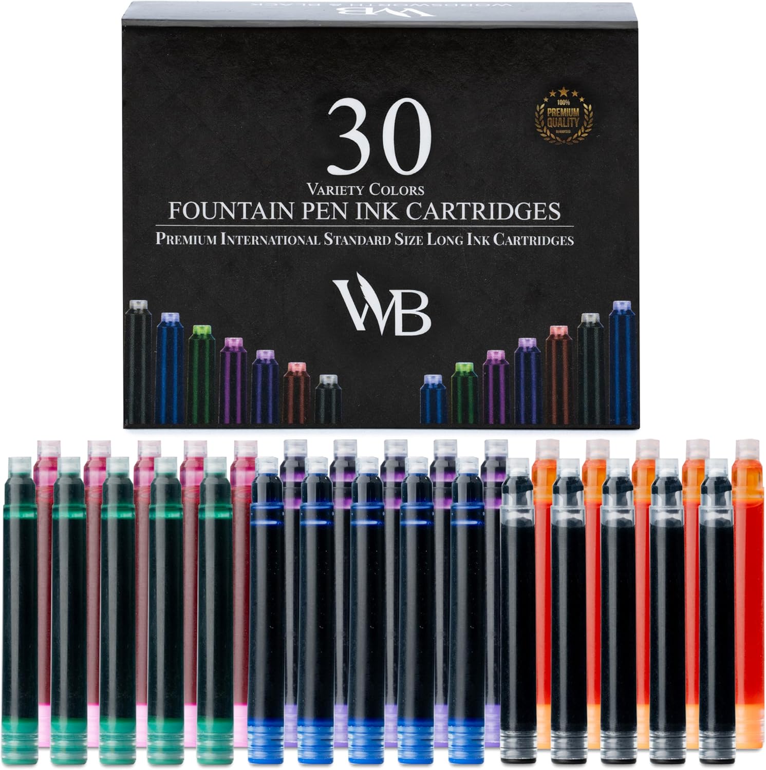 Wordsworth & Black Fountain Pen Ink Refills - Set of 30 Assorted Colors Ink Cartridges - International Standard Size - Length APPR 5.2 cm - Base Diameter APPR 0.6 cm - Disposable and Generic