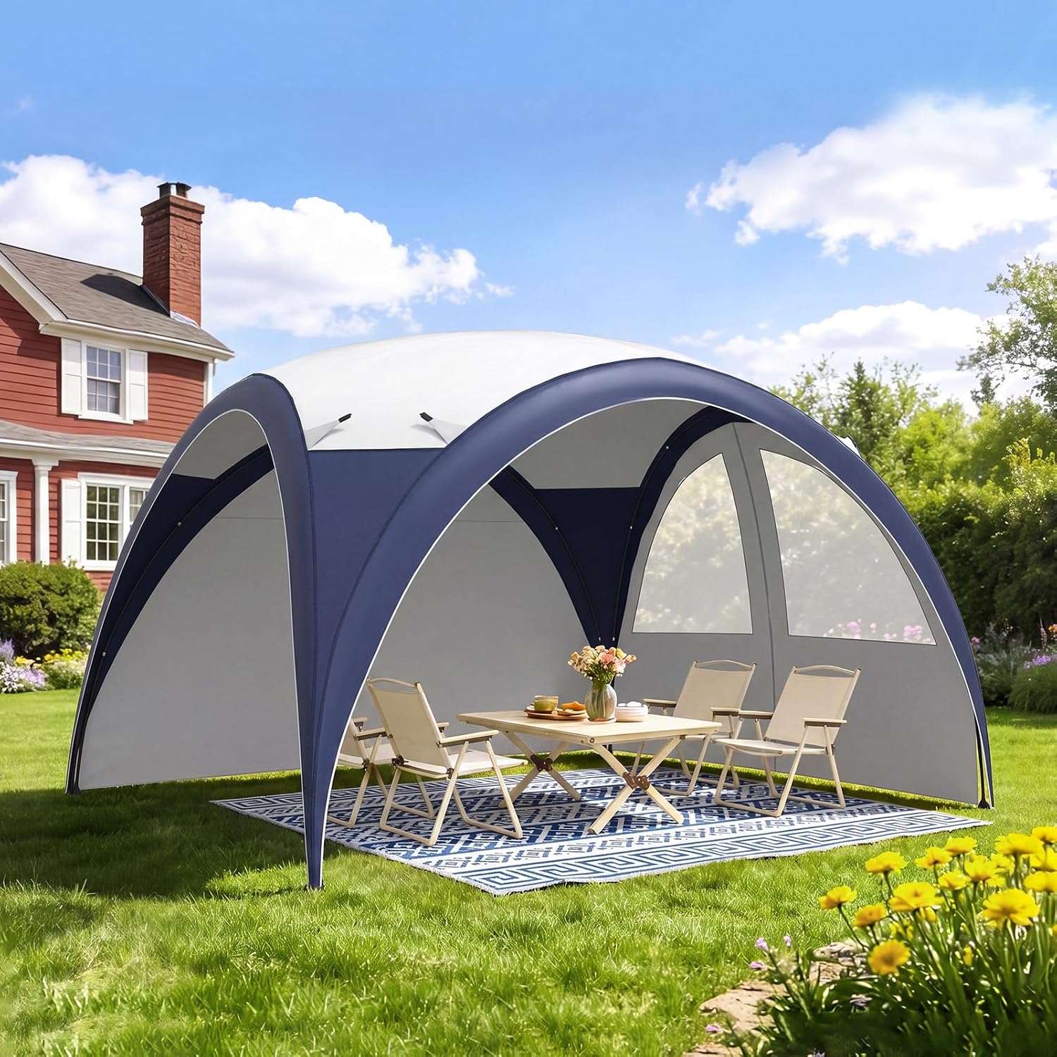 Aoxun Steel Dome Gazebo with Zip-Away Sides, Carry Bag, 3.5m x 3.5m Camping & Festival Event Shelter, Heavy-Duty Steel Frame, 4 Removable Panels with Doors & Windows, 4000mm Waterproof Fabric, UPF50+