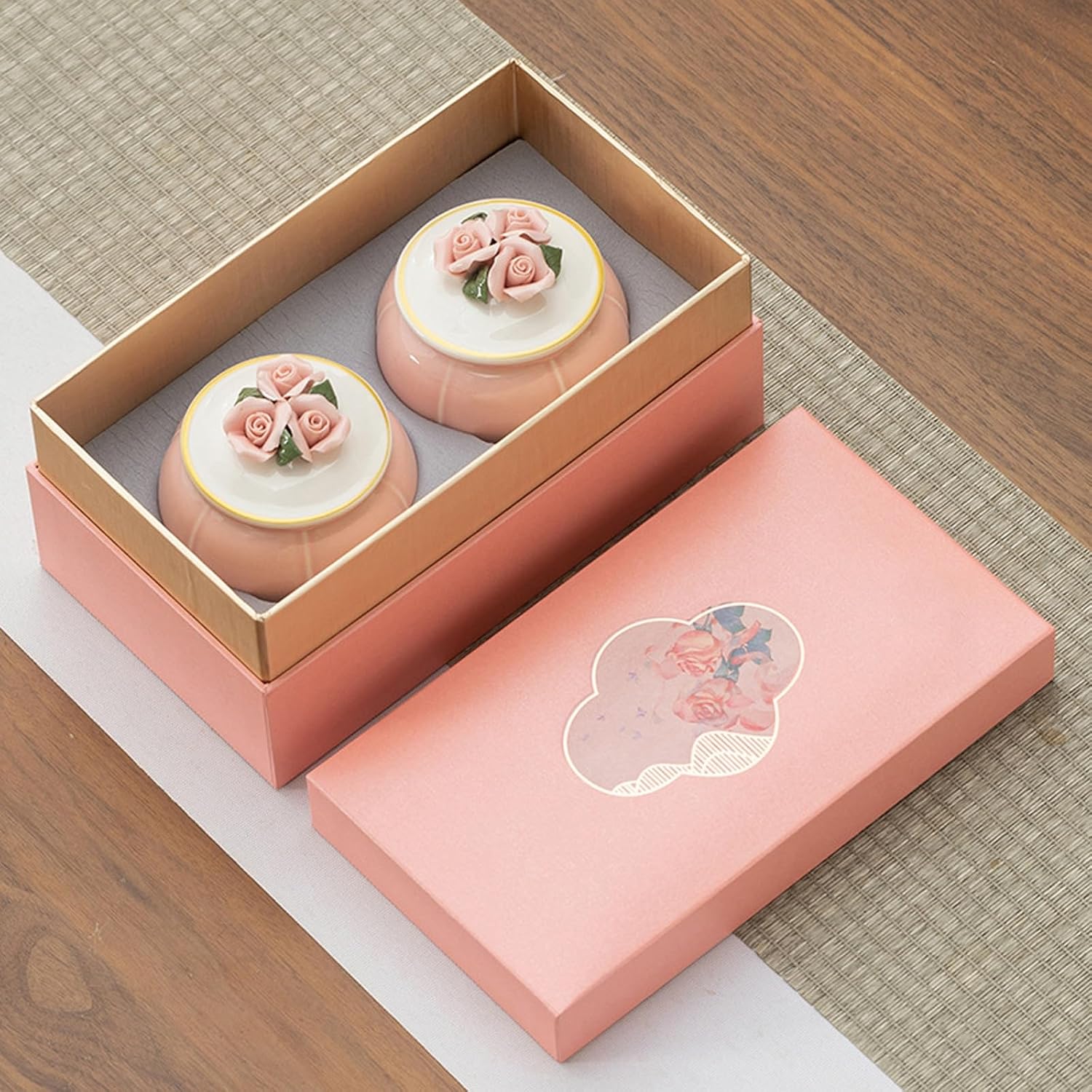 RKYRRKI Small Urns for Human Pet Ashes Set of 2, Memorial Urn Keepsake Cremation Urns Floral Ceramic Urn Beautiful Mini Sharing Urns with Premium Box,Pink