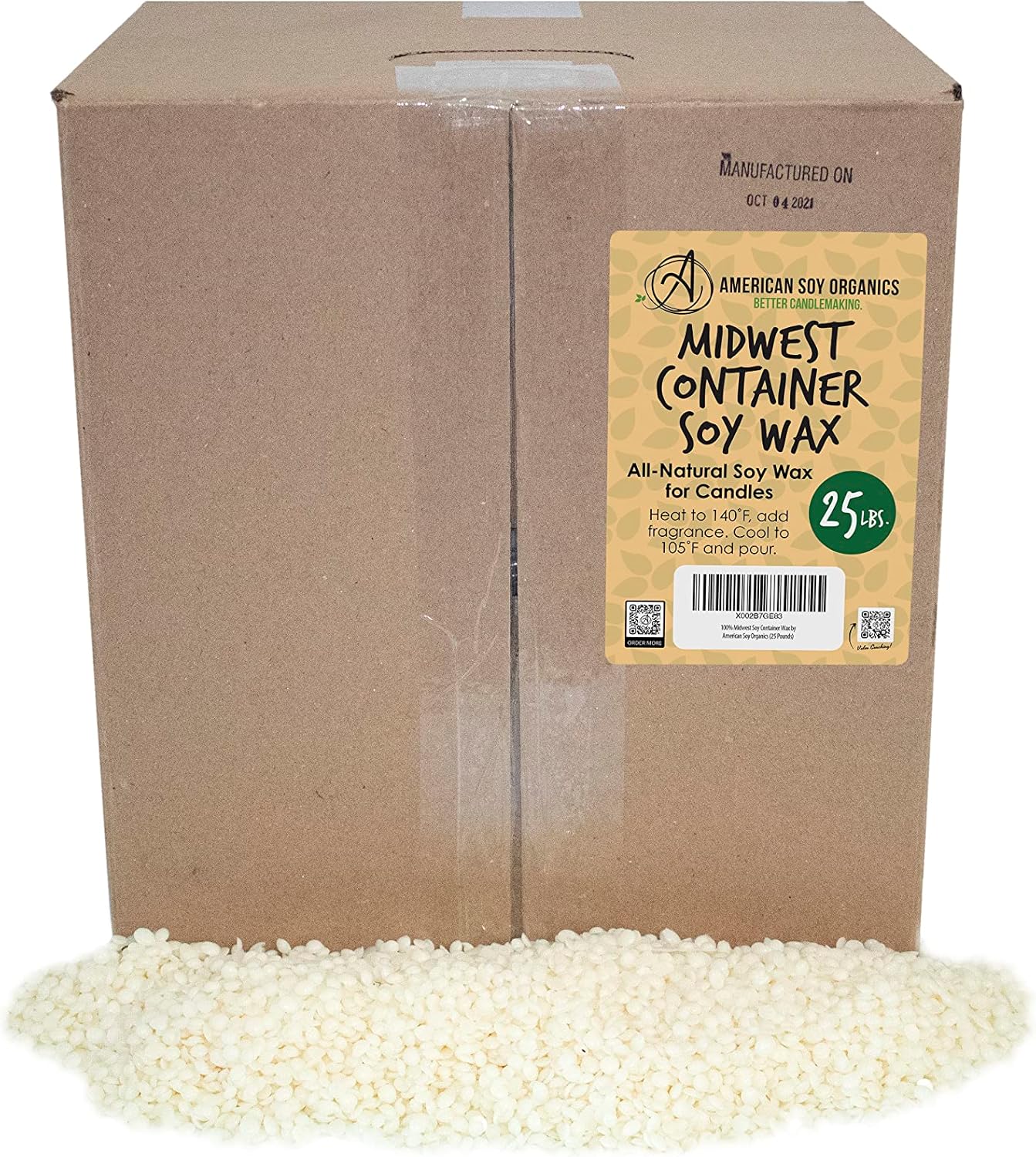 American Soy Organics 100% Midwest Soy Wax Beads for Candle Making - Natural Candle Making Supplies - Paraffin-Free, Beeswax-Free Candle Wax for Container Candles, Tealights and Wax Melts, 25 lbs
