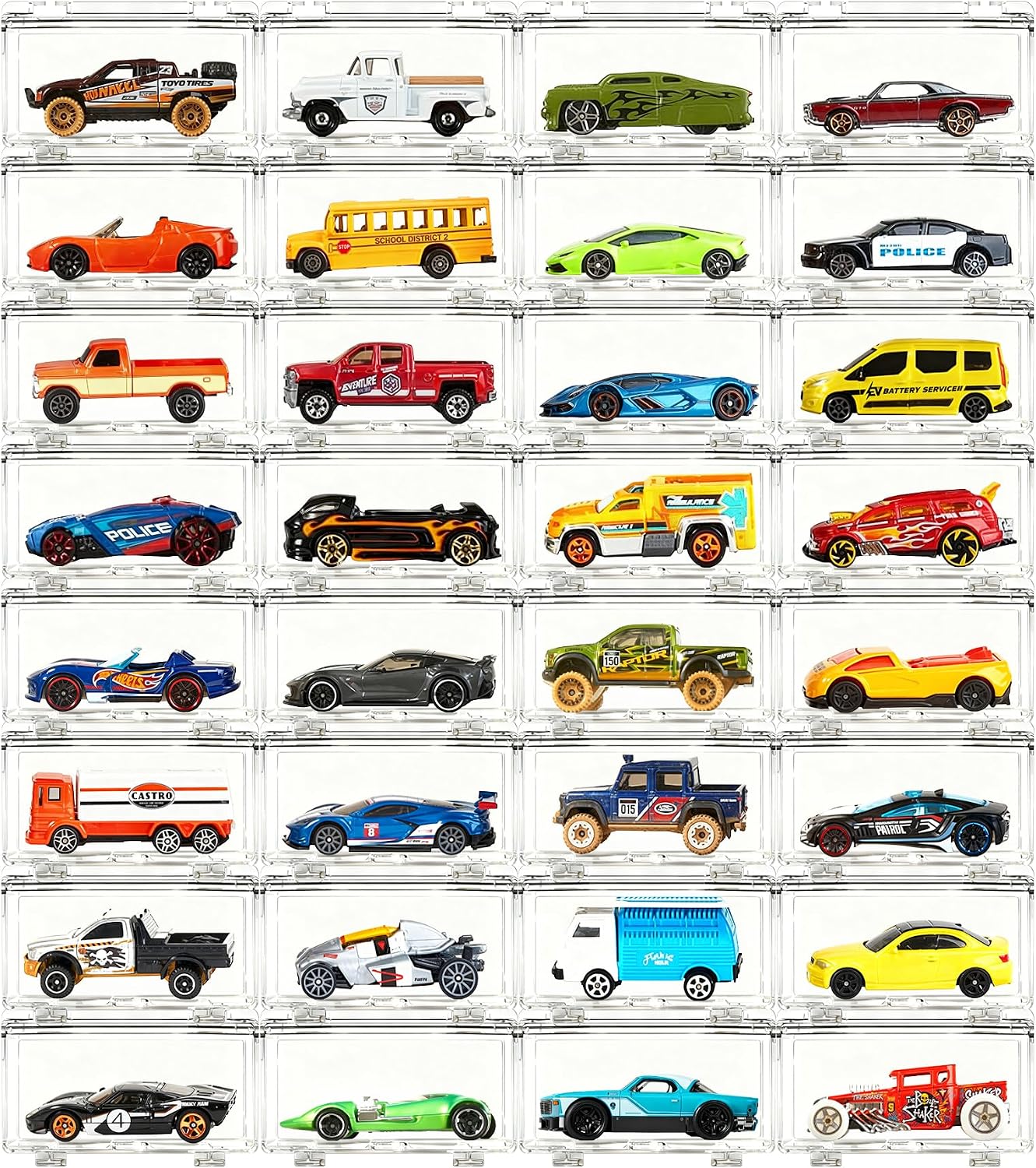 Saichotoy Display Case Compatible with Hot Wheels - Stackable Toy Car Storage, Transparent Organizer for Matchbox & Hot Wheels 1/64 Scale Diecast Cars (32 Packs, Clear Case Only)