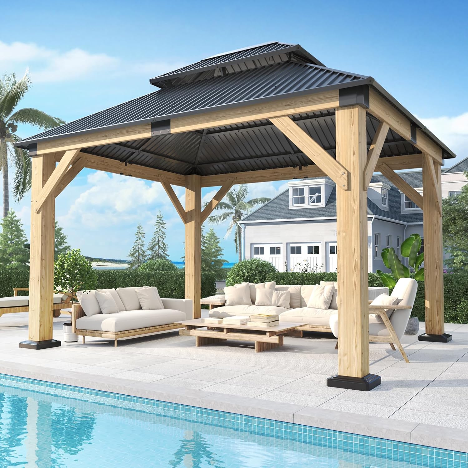 10’x 12’ Outdoor Wood Gazebo - Patio Hardtop Gazebo Permanent Wooden Pavilion with Galvanized Steel Double Roof, Wooden Gazebos for Garden, Lawn, Poolside, Backyard Deck