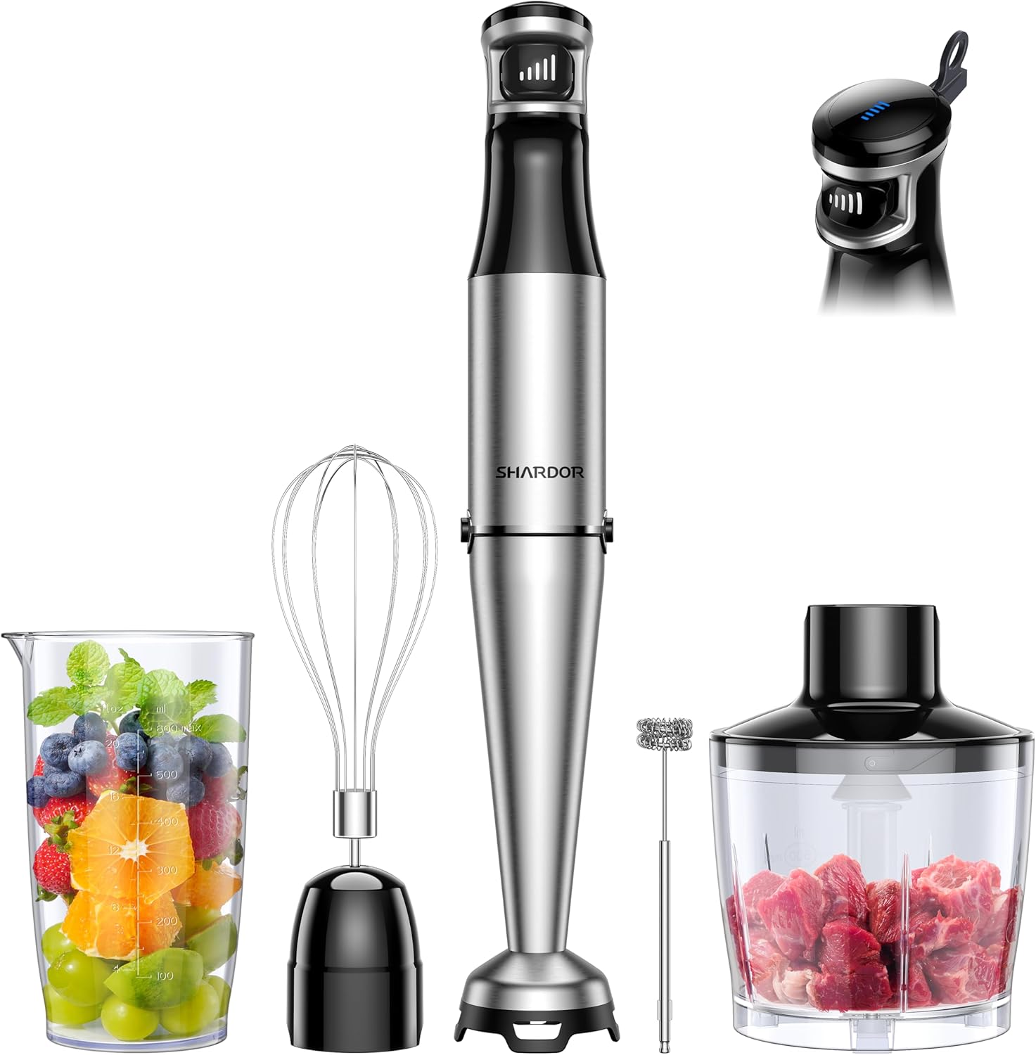 SHARDOR Hand Blender, Soft Start Variable Speed 5 In 1 Stick Blenders For Kitchen 1100w Scratch Resistant Immersion Blender With Whisk, Milk Frother, 800ml Beaker, 600ml Chopper For Soup Smoothies