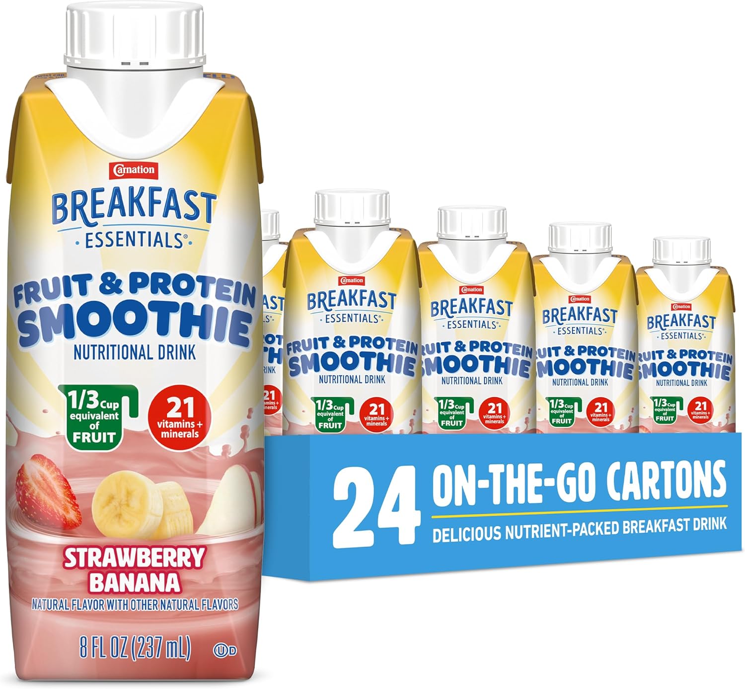 Carnation Breakfast Essentials Fruit and Protein Smoothie Nutritional Drink, Strawberry Banana, 24 – 8 fl oz Cartons