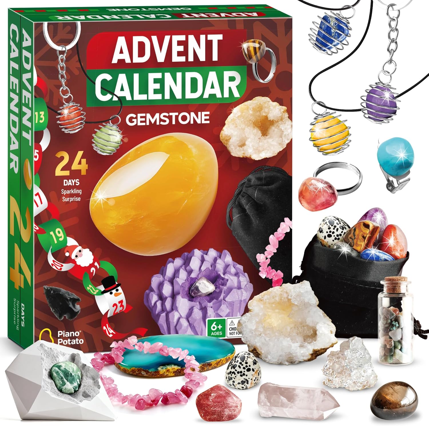 Gemstone Advent Calendar 2025 – Kids Christmas Countdown with 30+ Treasures, Crystal Advent Gift for Boys & Girls 6+