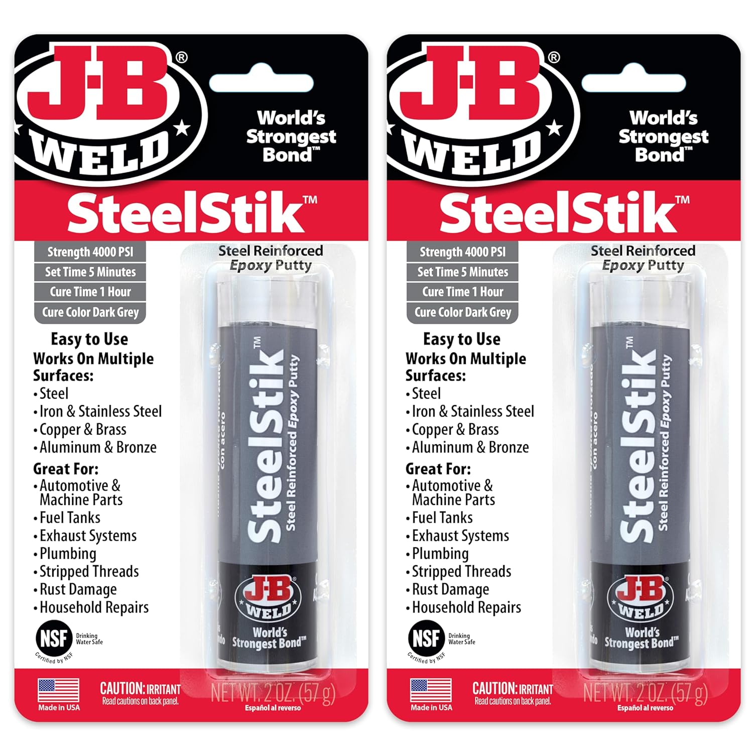 J-B Weld SteelStik, 1 Hour Cure, Steel Reinforced Epoxy Putty Stick - 2 Pack, Dark Grey (8267-2)