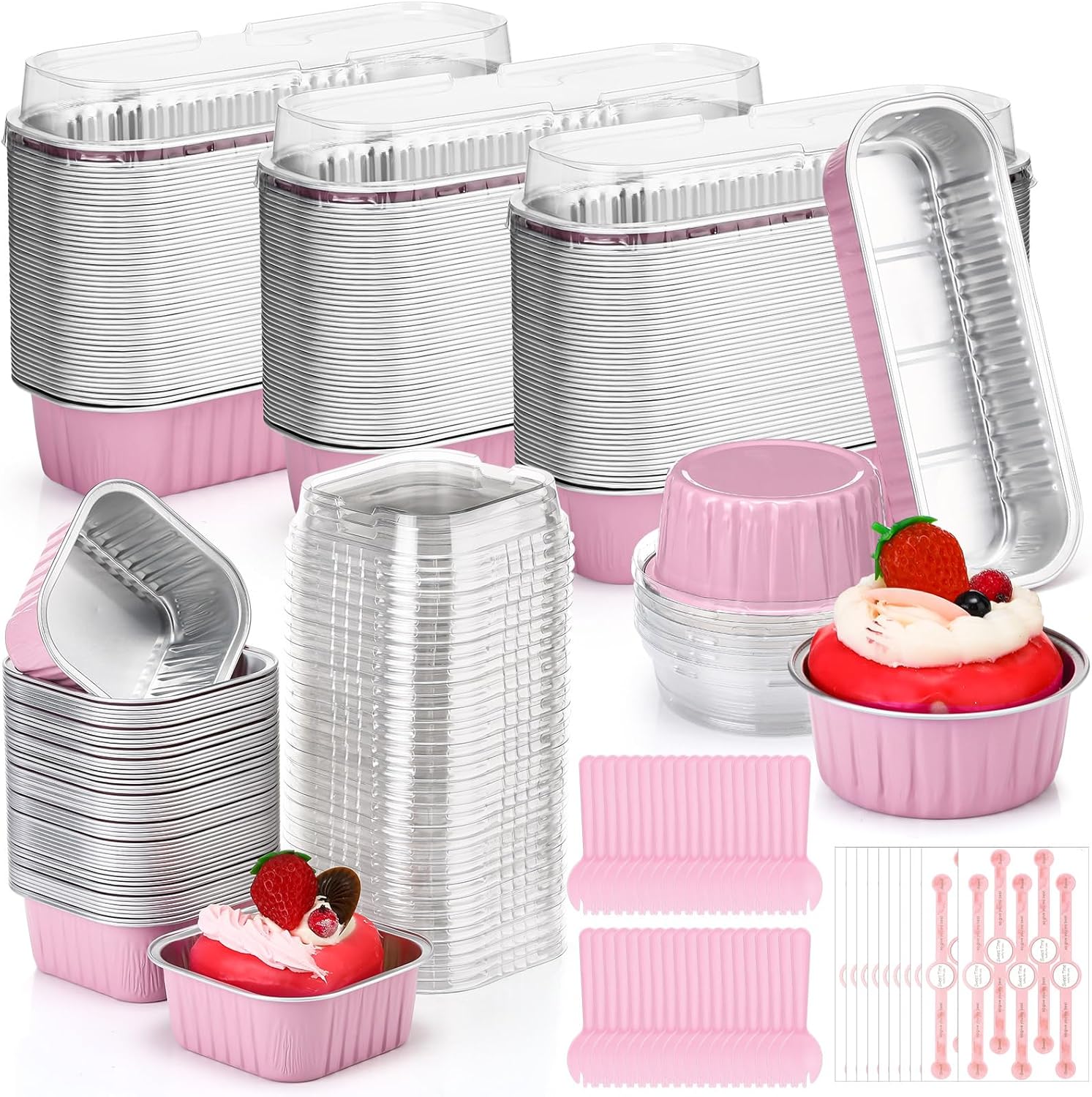 Baderke 150 Pcs Mini Loaf Pans with Lids Disposable Ramekins 6.8 oz 5 oz Aluminum Foil Cake Baking Cups Round Rectangle Square Cupcake Sealing Sticker and Spoons for Flan Muffin Dessert Party Favors