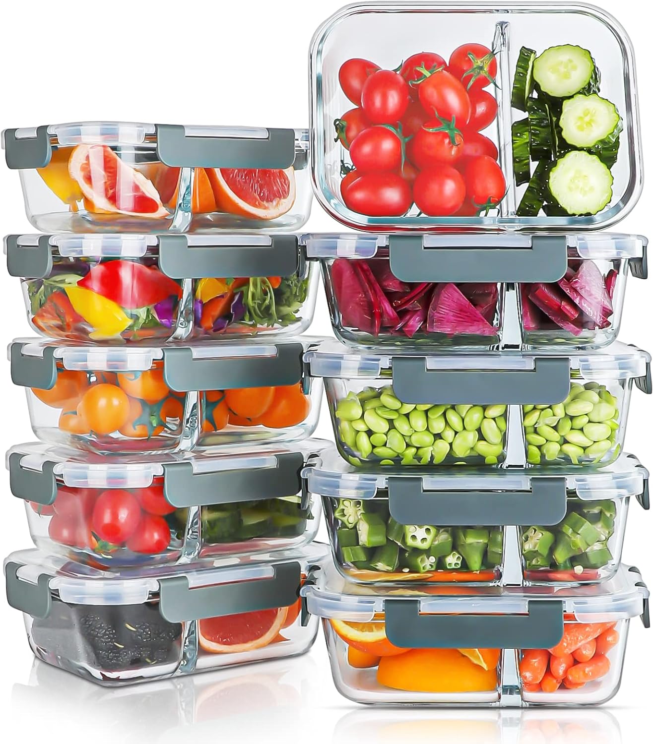 10 Packs 30oz Glass Meal Prep Containers 2 Compartments,Glass Food Storage Containers with Lids,Airtight Lunch Bento Boxes,Microwave,Oven,Freezer and Dishwasher Safe
