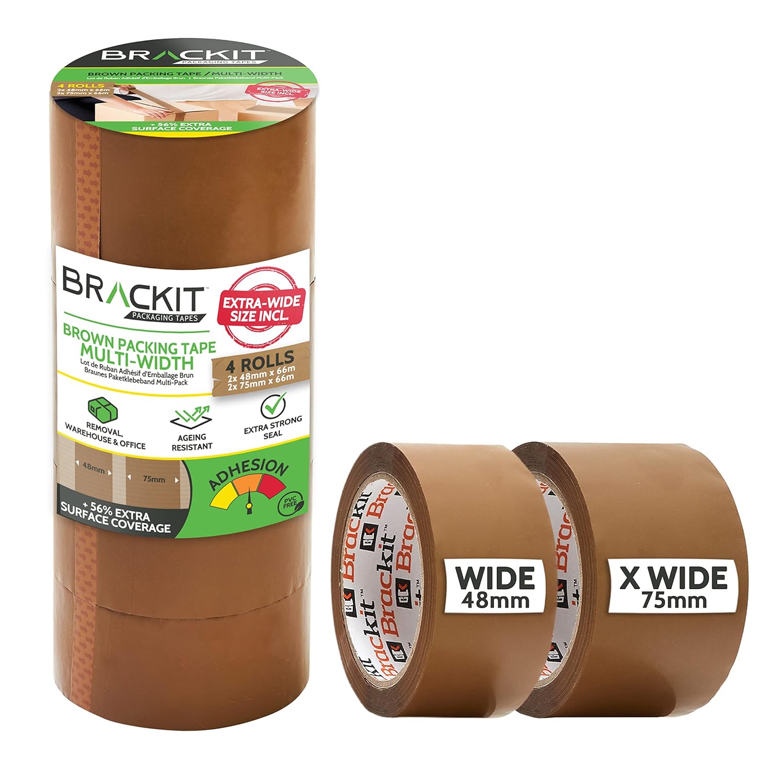 brackit Moving Tape Standard and Extra wide Brown Packing Tape, 2 x 48mm x 66m and 2 x 75mm x 66m, 4 Rolls - Strong Seal for Packaging Heavy Parcels and Boxes