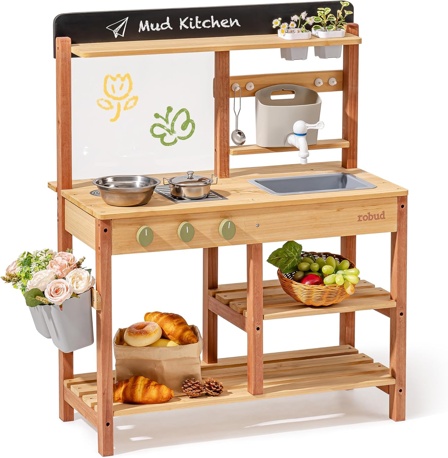 Robud Mud Kitchen, Wooden Outdoor Kitchen for Kids, Pretend Play Set with Sink, Faucet, Planting Pots, Cooking Accessories, Ideal Gift for Boys Girls Ages 3+