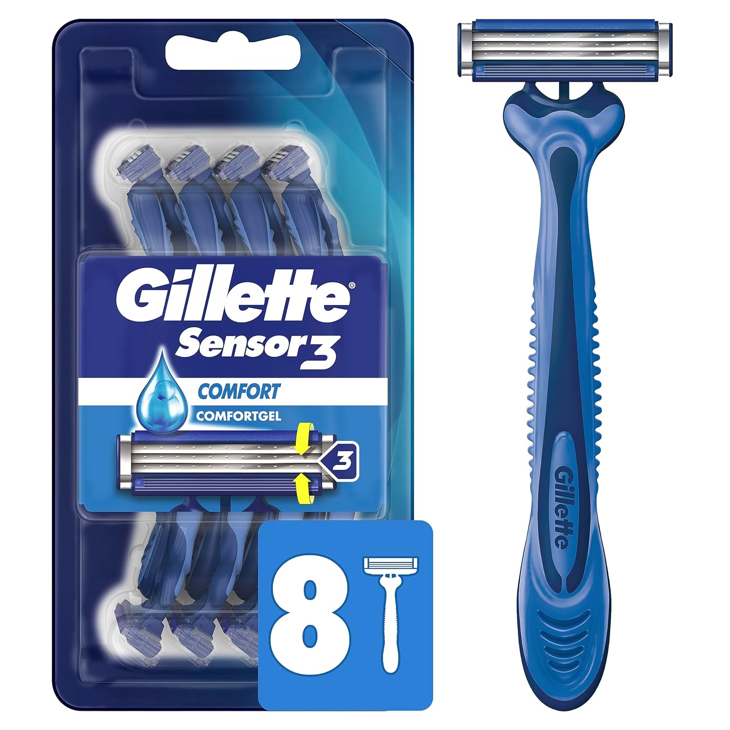 Gillette Sensor3 Comfort Disposable Razors for Men, 8 Count, Lubrastrip Glides Easily Over Your Skin