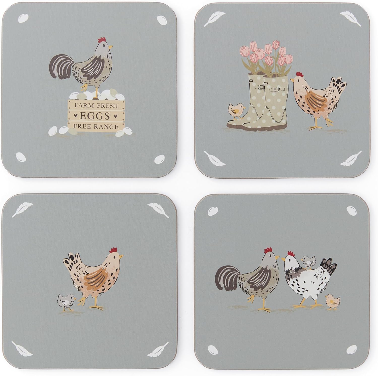 Cooksmart Hen House Lane Set of 4 Cork Coasters | British Designed Farmhouse Drinks Mats | Heat-Resistant & Durable | Rustic Kitchen & Dining Table Protection | Easy to Clean