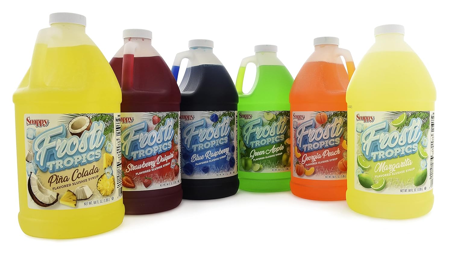 Snappy Frosti Tropics Mix & Match Slushie Syrups, Pick 6 Slushie Mixes, Slushie Mix for Frozen Drink Machine, Slushy Syrups for Granita, Slush Mix for Smoothie Blends, 1/2 Gallon, Mix & Match 6 Pack