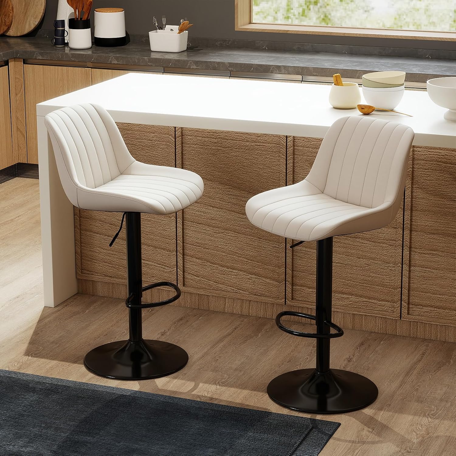 Youhauchair Bar Stools Set of 2, Swivel Counter Height Barstools with Back, Adjustable PU Leather Bar Stool, Modern Kitchen Breakfast Bar Stools, Beige