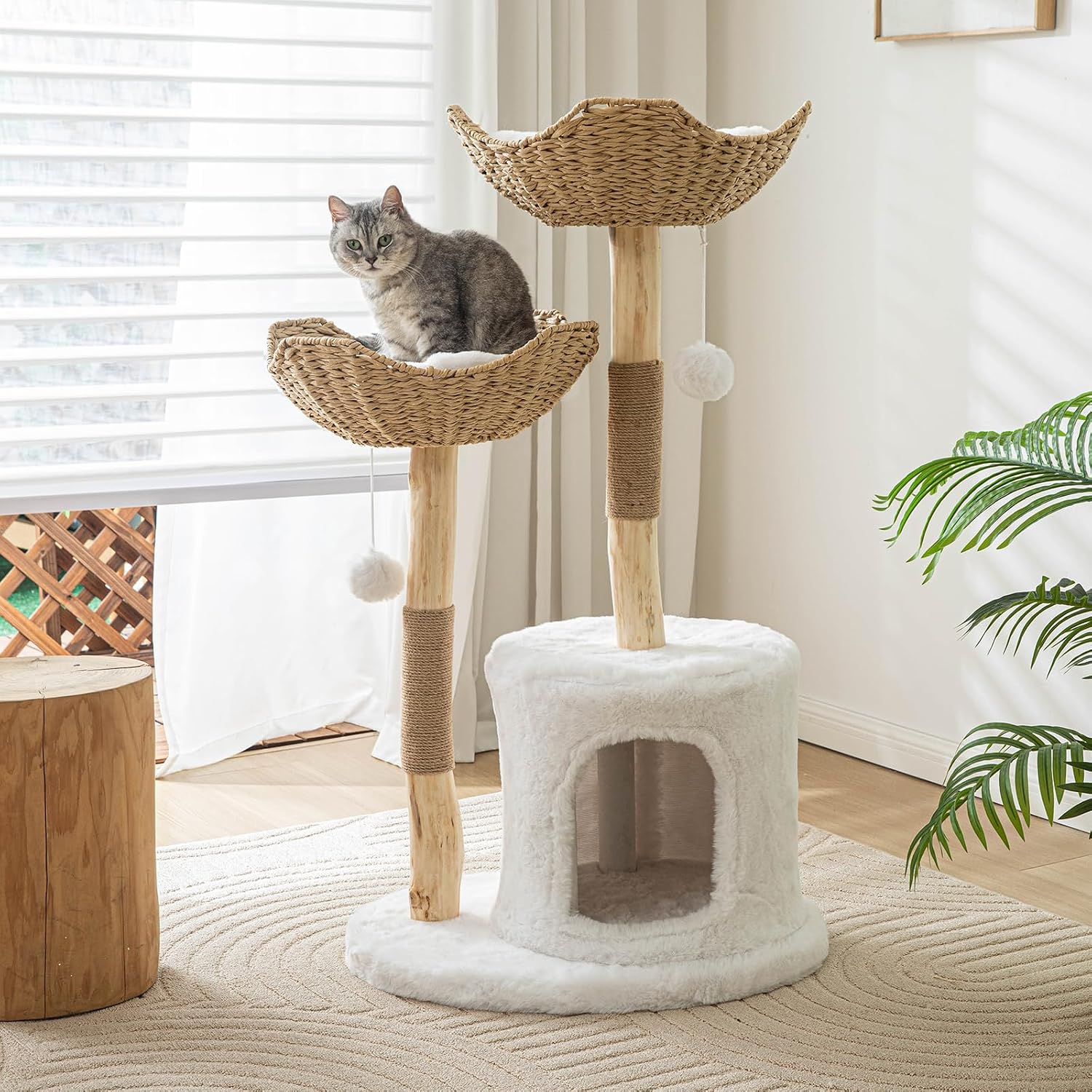 46" Tall Modern Cat Tree with Scratching Posts for Large Indoor Cats, White