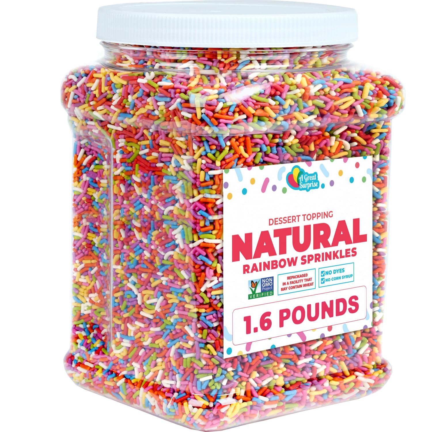 Dye-Free Rainbow Sprinkles, 1.6 lb, Natural Vegan Non-GMO Baking Topping