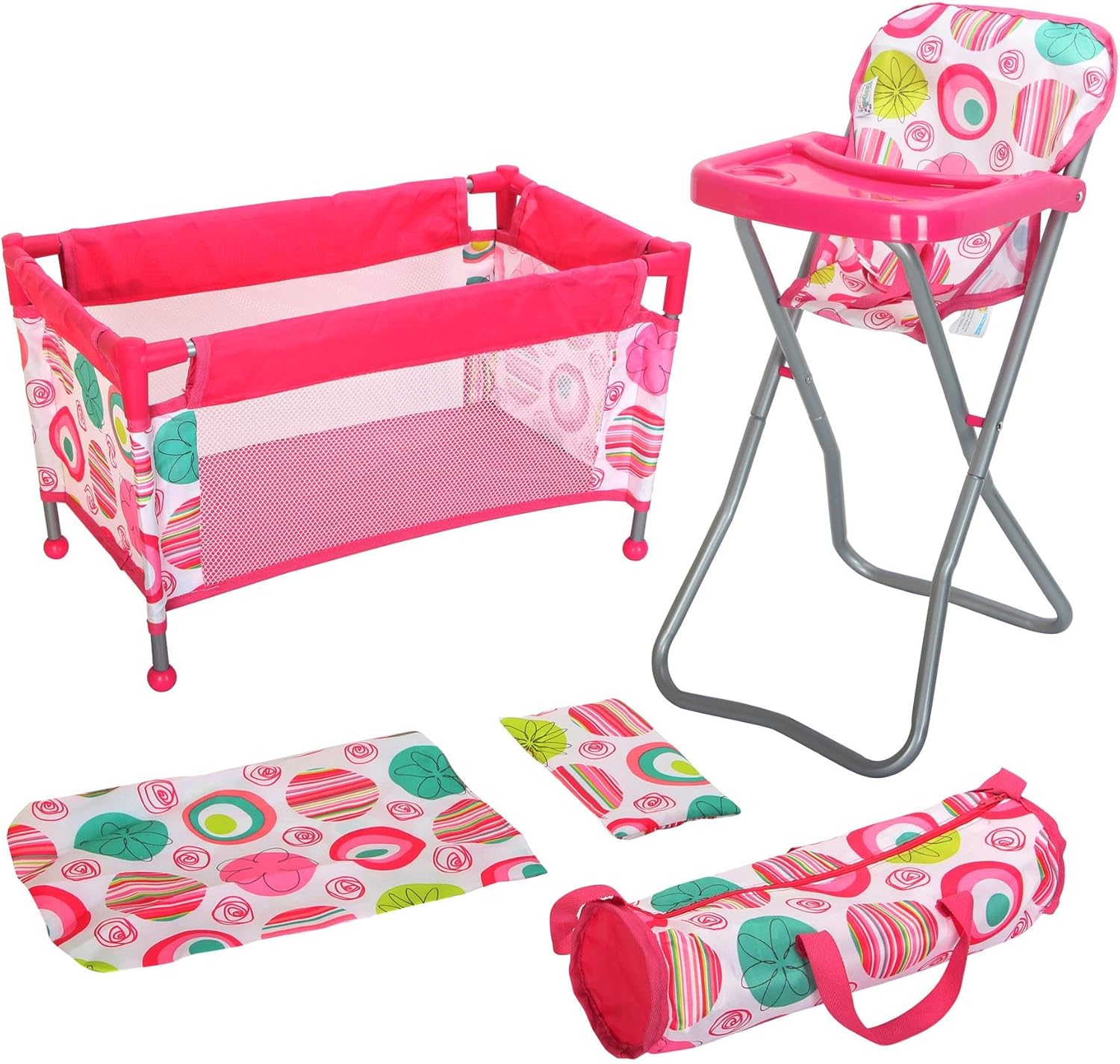 BiBi Doll Baby Doll Travel Cot & Highchair With Feeding Tray - Foldable Dolls' Playsets Baby Doll Bed Baby Doll Accessories Set