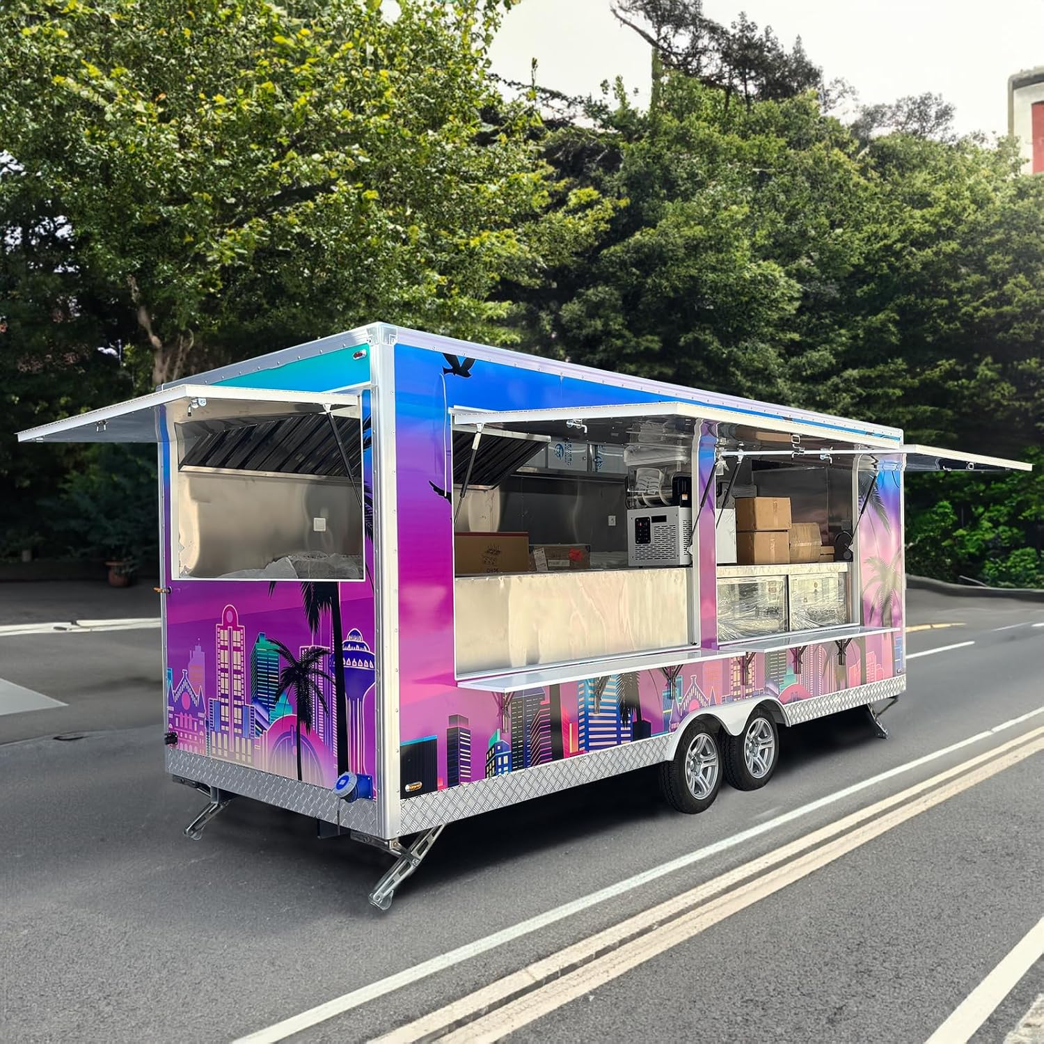 All-Weather Burger Trailer, Reinforced Insulation & Stable Engine Power, Commercial-Grade Food Van for Outdoor Events, Rainy Climates