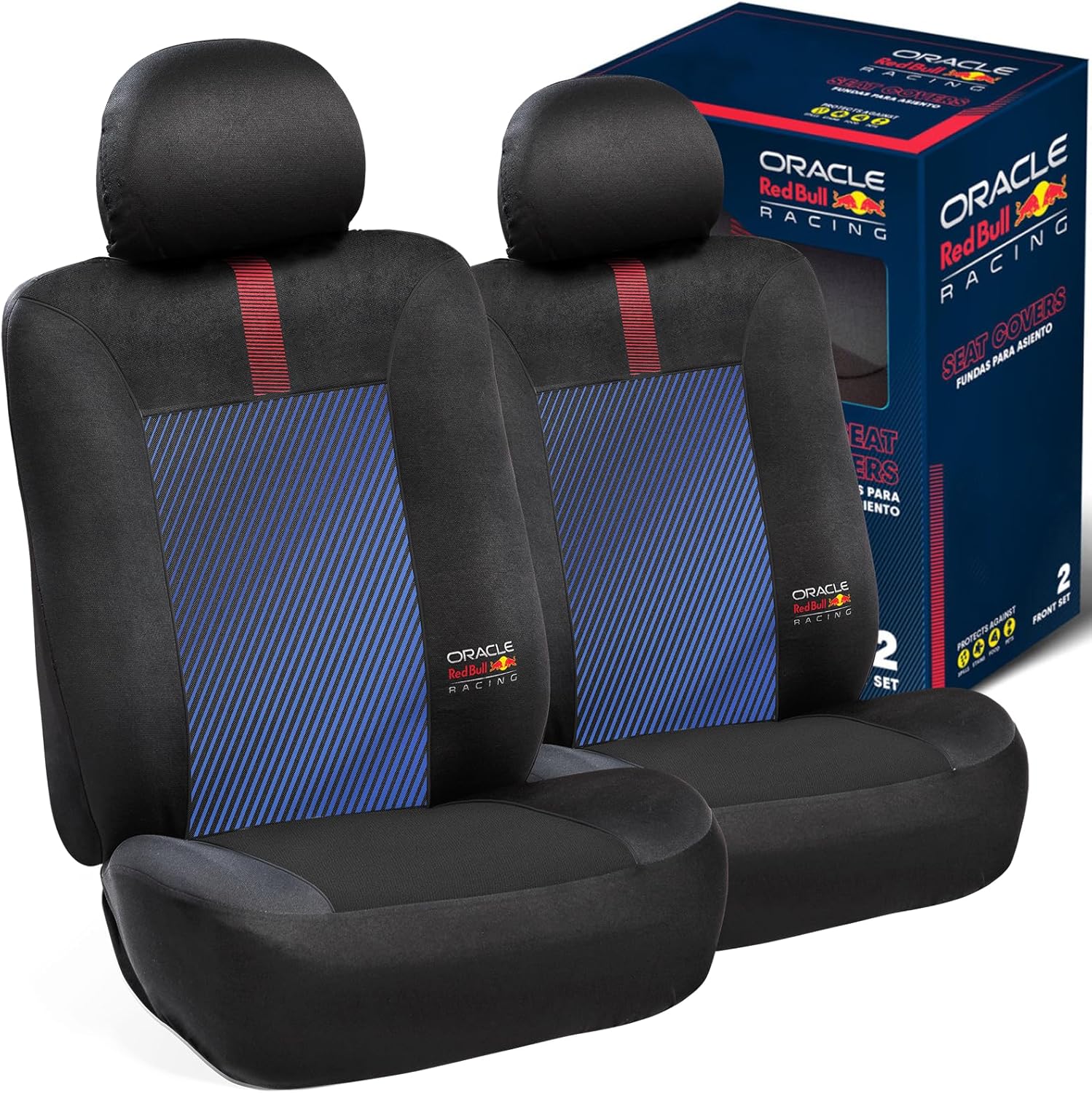 Red Bull Racing Seat Covers Front Pair – Universal Fit, Durable Material with Blue & Black Striped Back, Red Power Bar Graphic & Oracle Red Bull Racing Logo, Protects Spills & Damage (FRONT PAIR)
