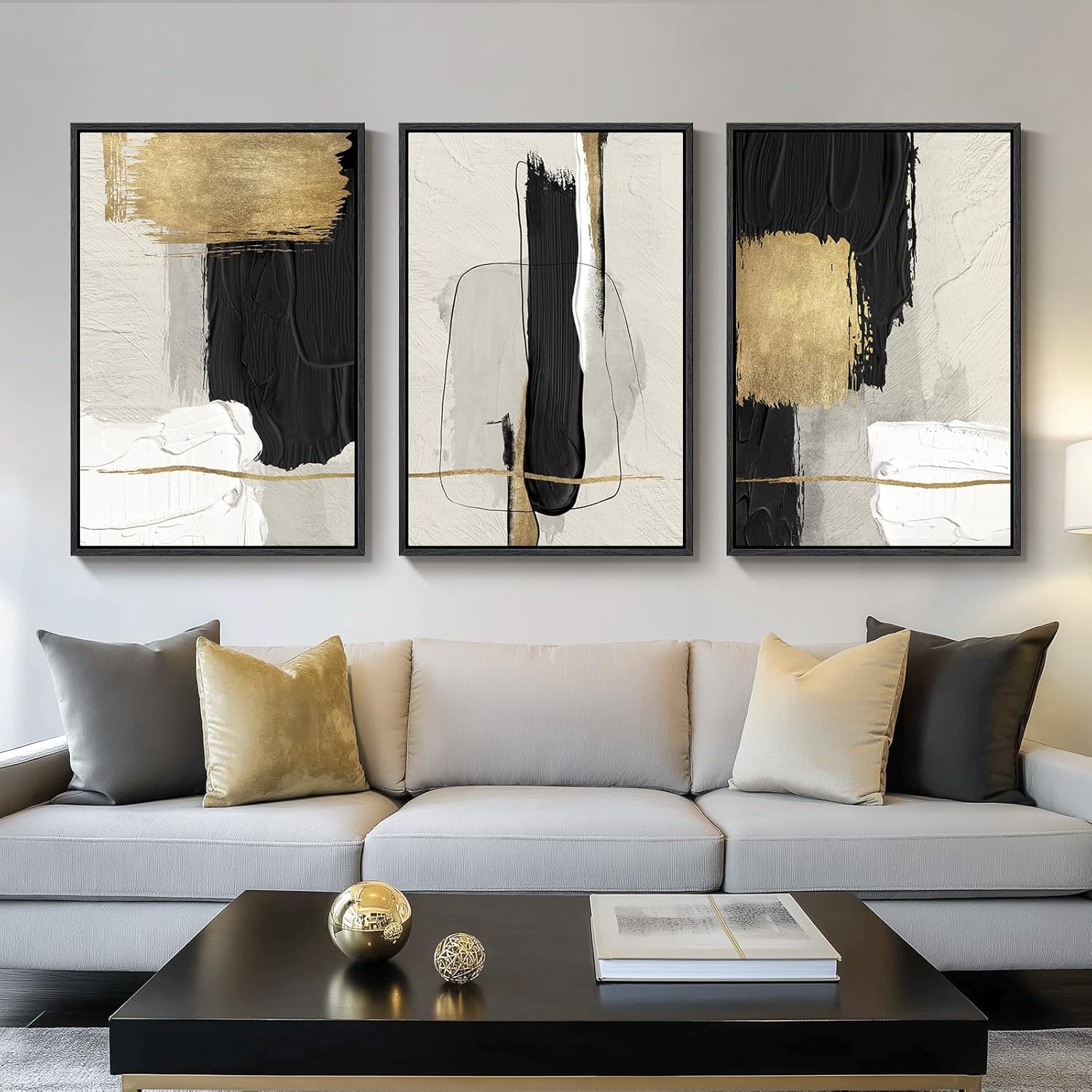 Large Framed Black and White Abstract Wall Art, 3 Piece Modern Canvas Prints Paintings Artwork for Walls, Minimalist Black Beige Gold Pictures for LIving Room Bedroom Office Wall Decor Total 30x60 In