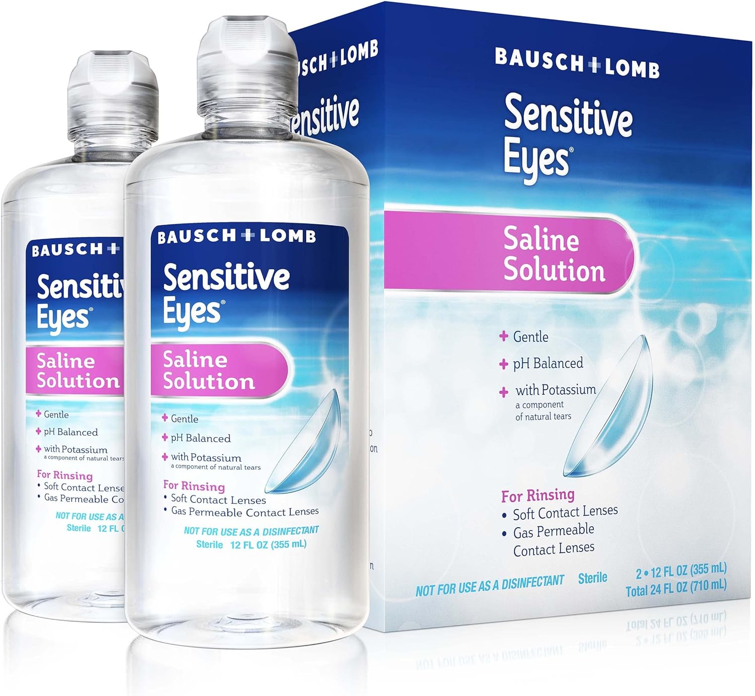Sensitive Eyes Saline Solution from Bausch & Lomb, for Soft Contact & Gas Permeable Lenses, Saline Solution with Potassium, 2 x 12 Fl Oz (710 mL)