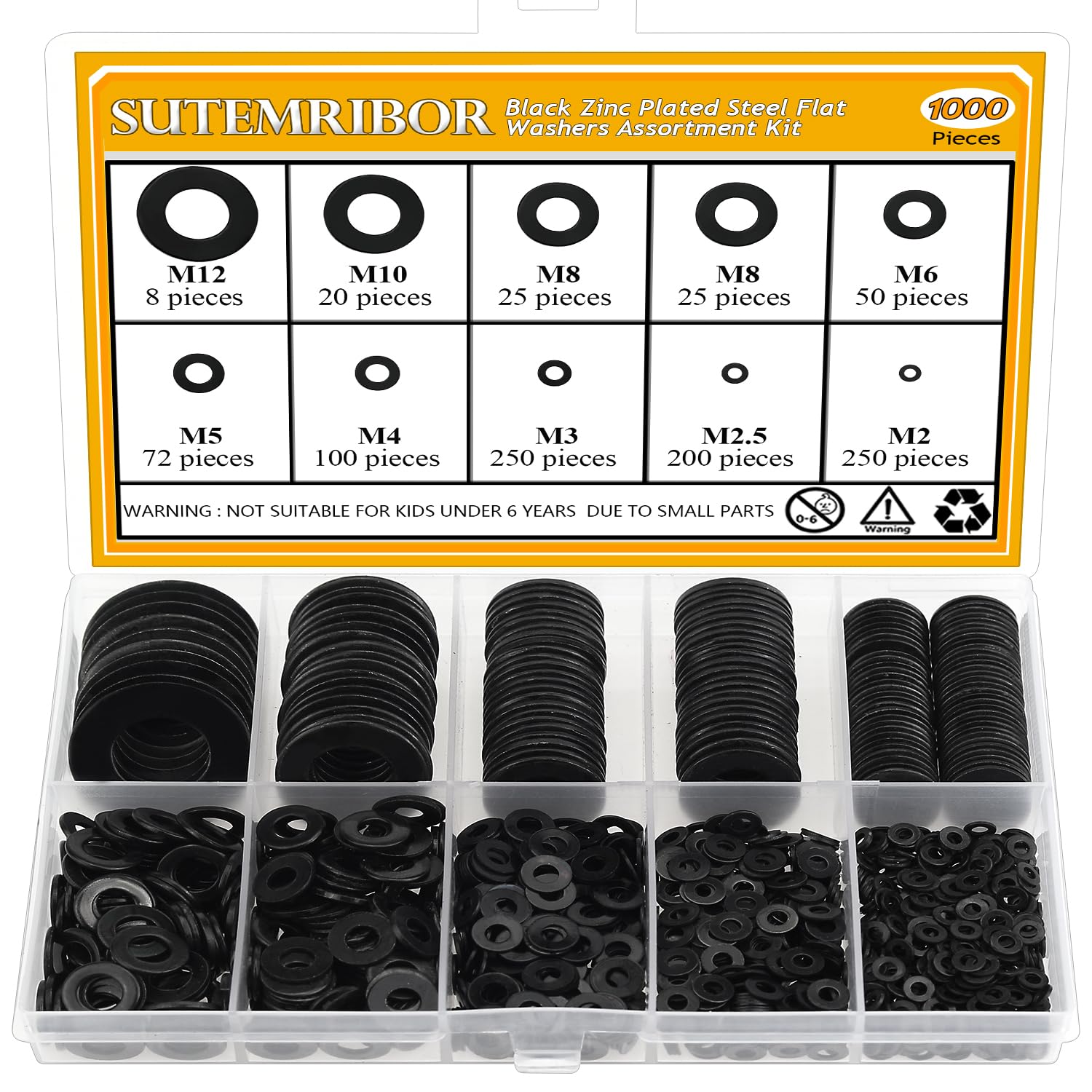 1000 Pieces 9 Sizes Black Zinc Plated Steel Flat Washers for Screws Bolts, Black Washers, Metal Washers, Assorted Washers (M2 M2.5 M3 M4 M5 M6 M8 M10 M12)