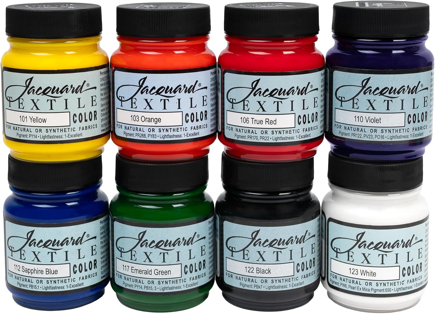Jacquard Textile 8 Color Primary/Secondary Color Set - Permanent Fabric Paint for Clothes, Furniture Upholstery, Shoes & Bags - Indoor & Outdoor Fabric Paint Set - 2.25 Oz Jars Upholstery Fabric paint