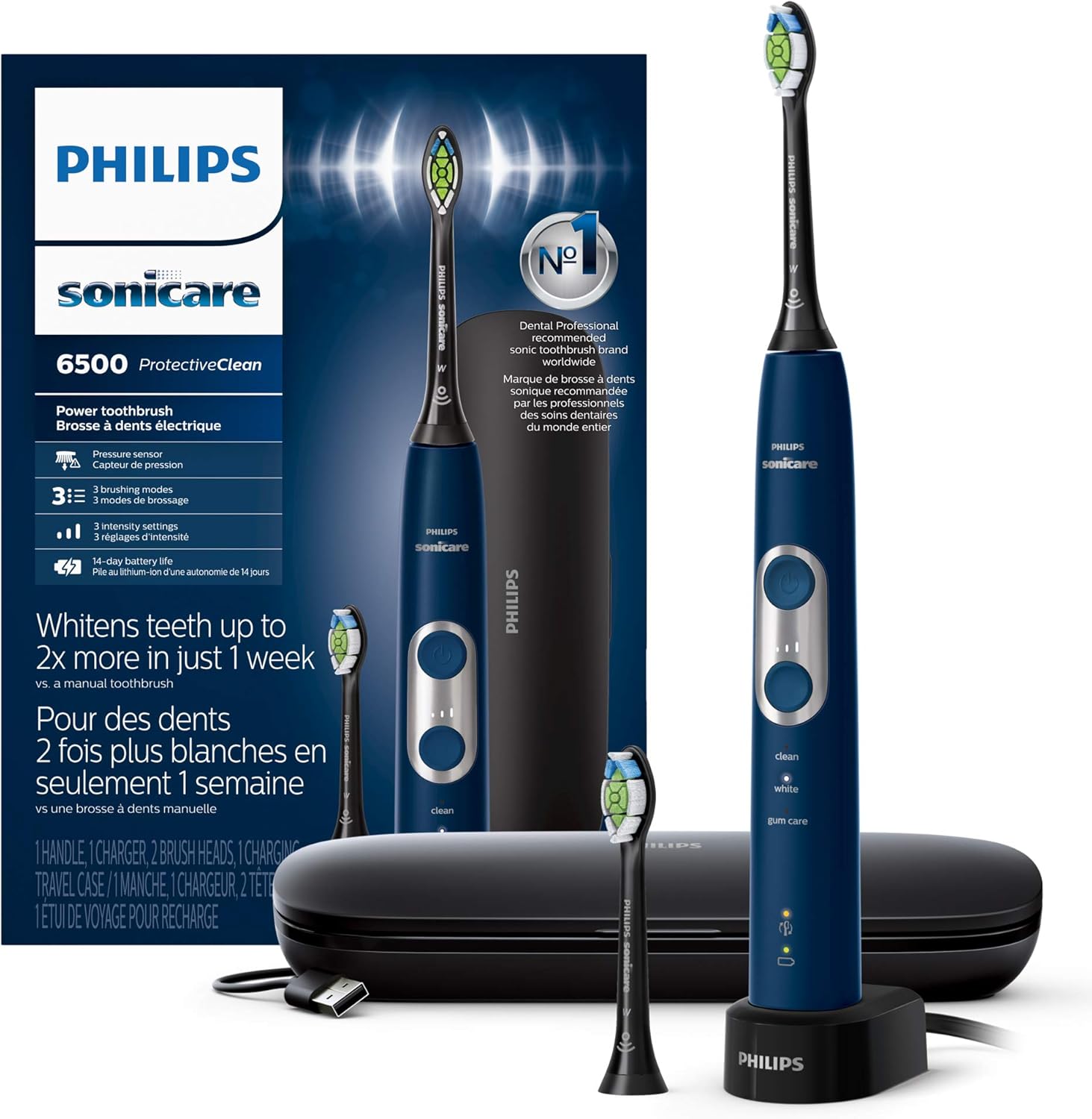 Philips Sonicare ProtectiveClean 6500 Rechargeable Electric Toothbrush, with Pressure Sensor, 3 Cleaning Modes, SmarTimer and QuadPacer, 14-Day Battery Life, Charging Travel Case, Navy Blue, HX6462/07