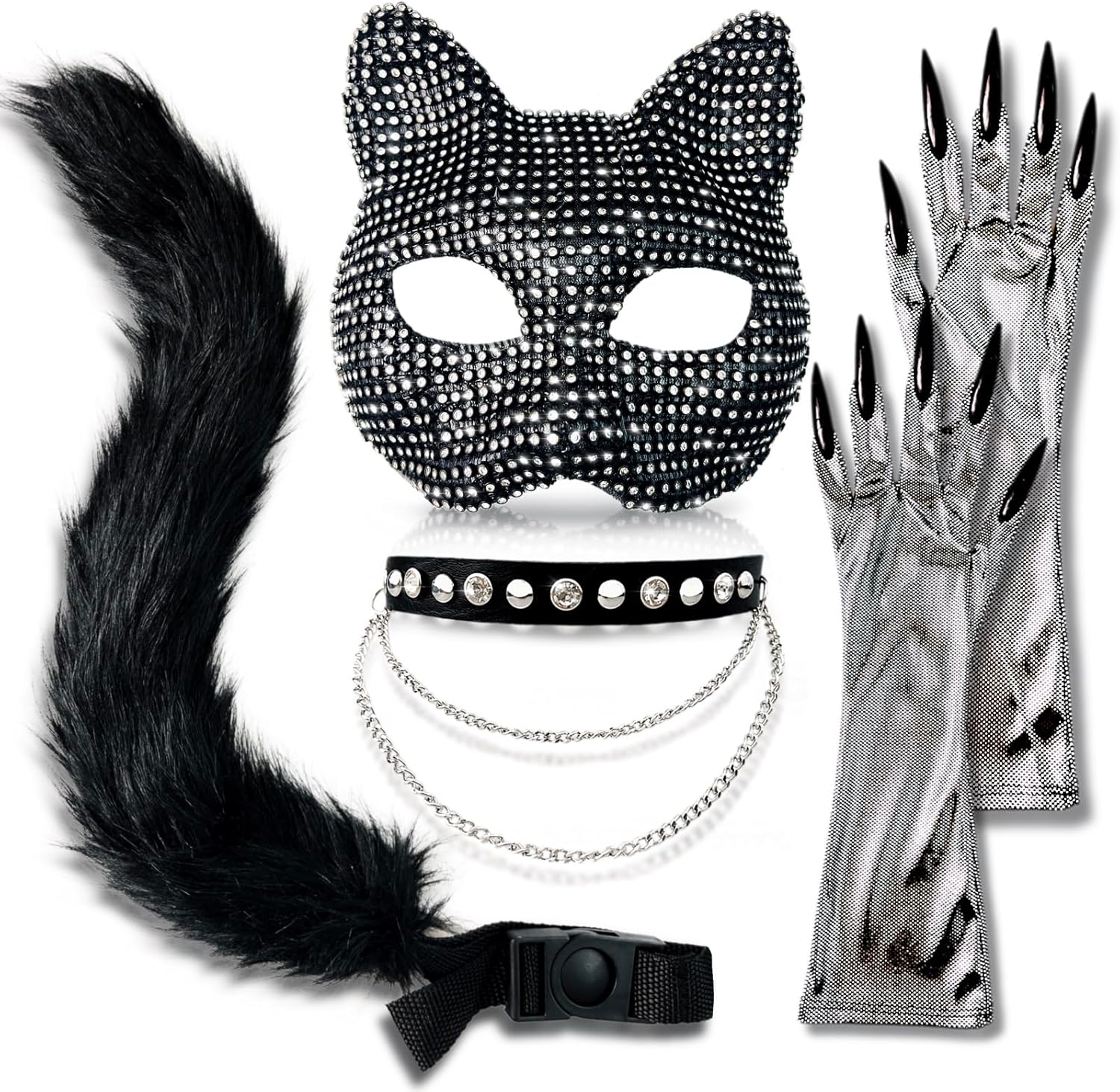 Cat Costume for Women - Collar Choker, Gloves, Rhinestone Mask, Tail & Accessories