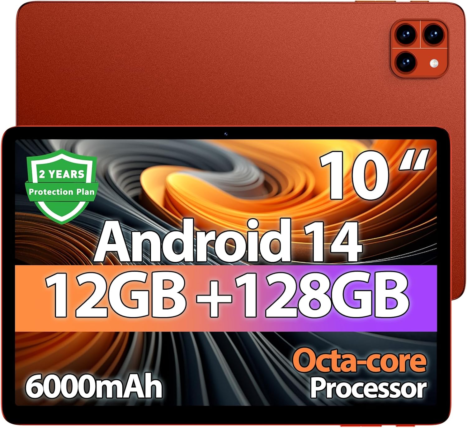 Android Tablet, 10 inch Android 14 Tablet, Octa-core CPU, 2 Years Protection, RAM 12GB, ROM 128GB (Up to 2 TB), 800x1280 Resolution, WiFi 6&Bluetooth 5.4, Dual Cameras, Dual Speakers, 6000mAh,Orange