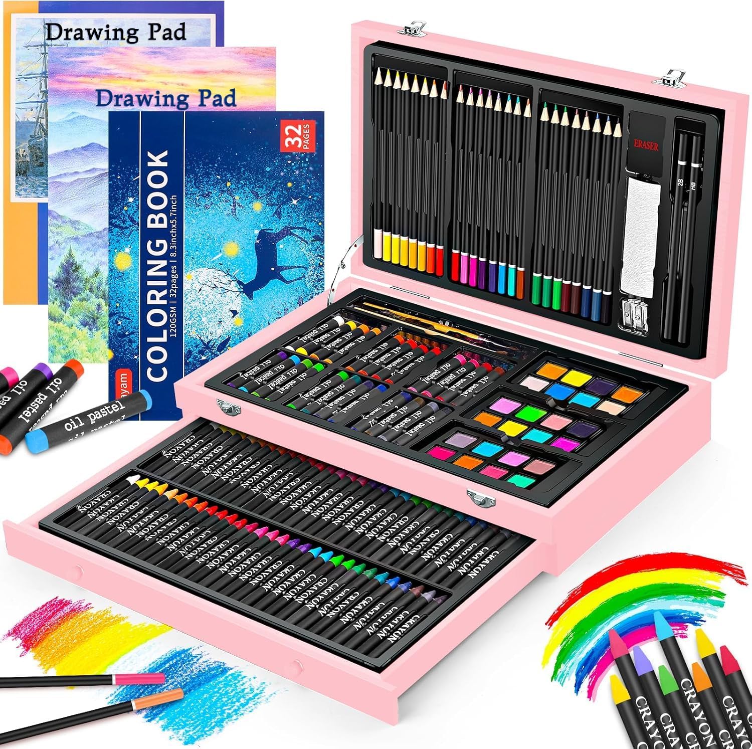 iBayam Arts and Crafts Gifts for Kids 6-14 Year, Teens Girls Trendy Stuff, 150-Pack Art Set Kits with 2 Sketch Pads, Coloring Book, 24 Colored Pencils, 24 Oil Pastels, 24 Watercolor Cakes, 60 Crayons